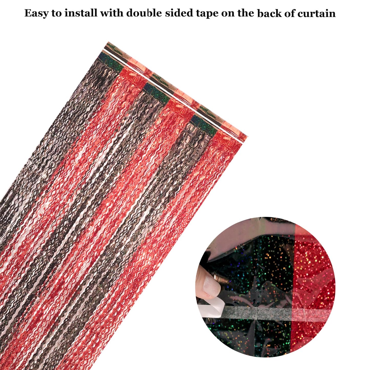 4 Pack 3.3x6.6 ft Red and Black Foil Fringe Backdrop Curtains - Wavy Tinsel Streamers Birthday Birthay Decorations, Fringe Backdrop for Graduation, Xmas, Disco Party