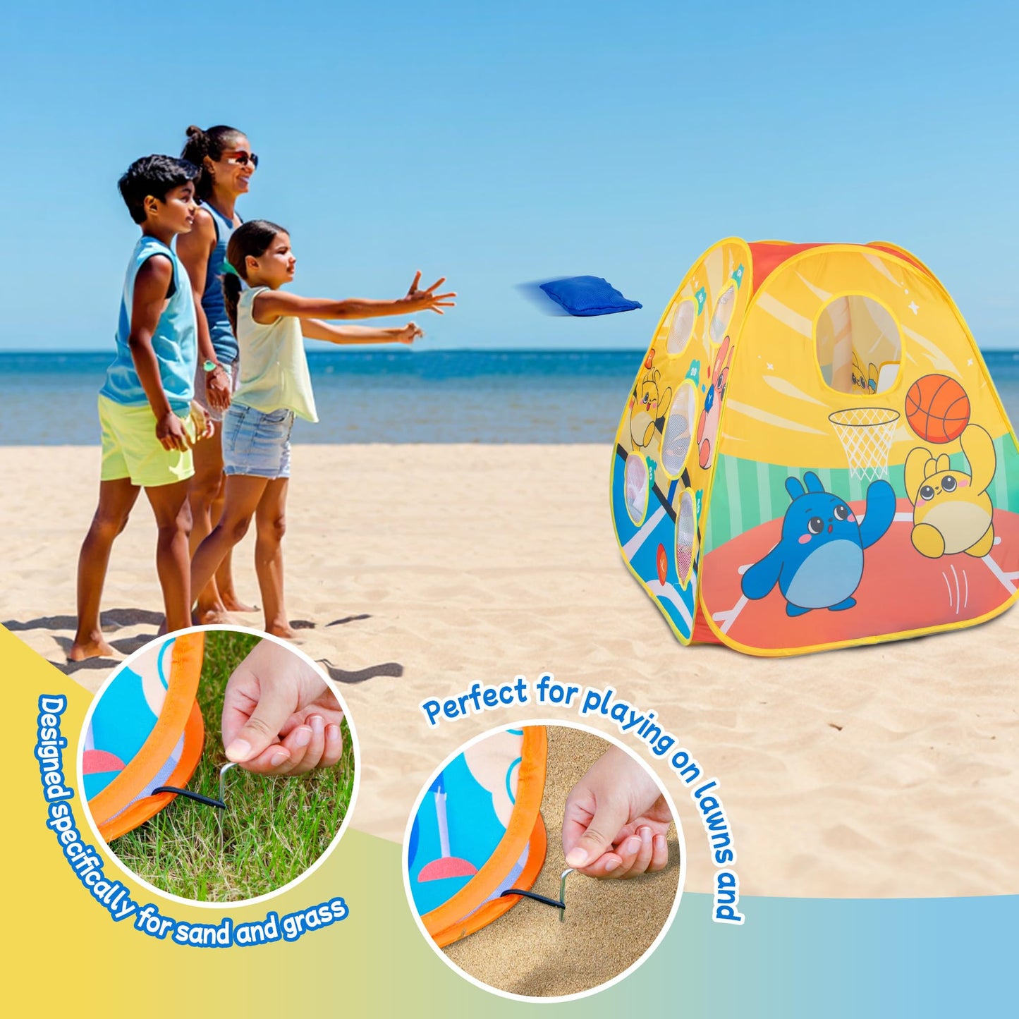 5-in-1 Kids Play Pop Up Tent with Bean Bag Toss Game Outdoor Toys, Tic Tac Toe, Dartboard,Soccer, Basketball, Carnival Outside Combo Set for Backyard Beach Lawn Party Fun, Birthday Gift for Boys Girls