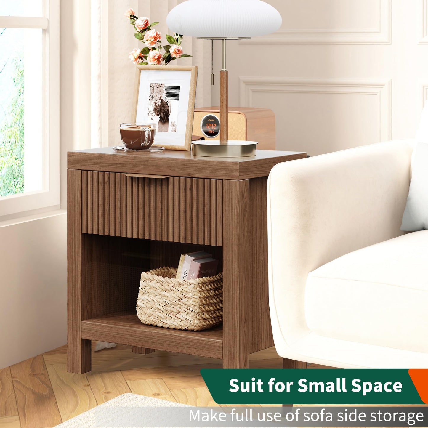 Vudanfe End Table Set of 2 with Storage, Small End Table, Wood Bedside Table with Drawer and Opening Storage, Nightstand Accent Table for Living Room, Bedroom, Walnut Oak