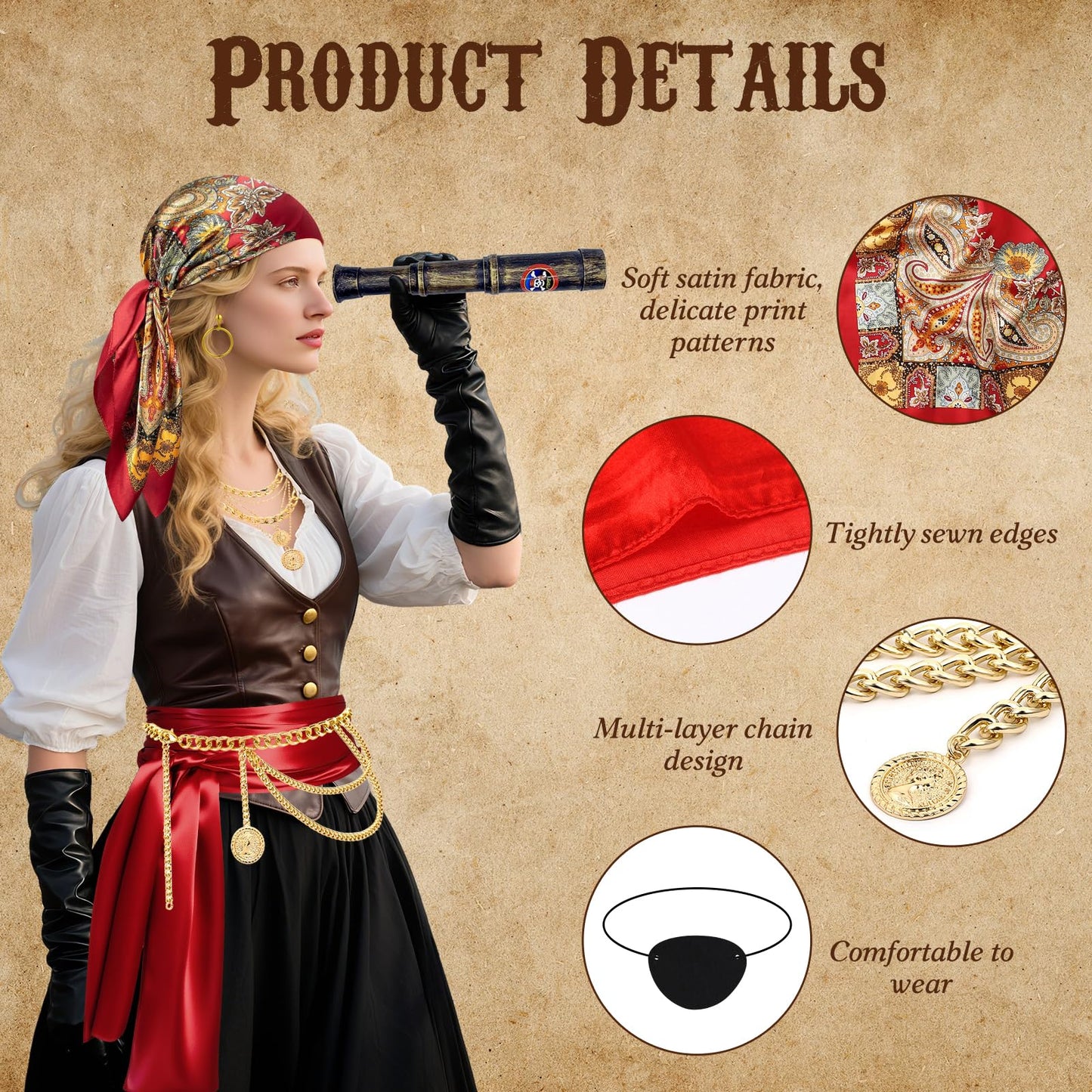 8 Pcs Pirate Costume Accessories for Women Men, Bandanas Head Scarf Eye Patch Sash Necklace Bracelet Chain Belt Earring Telescope Pirate Accessories for Halloween Cosplay Party