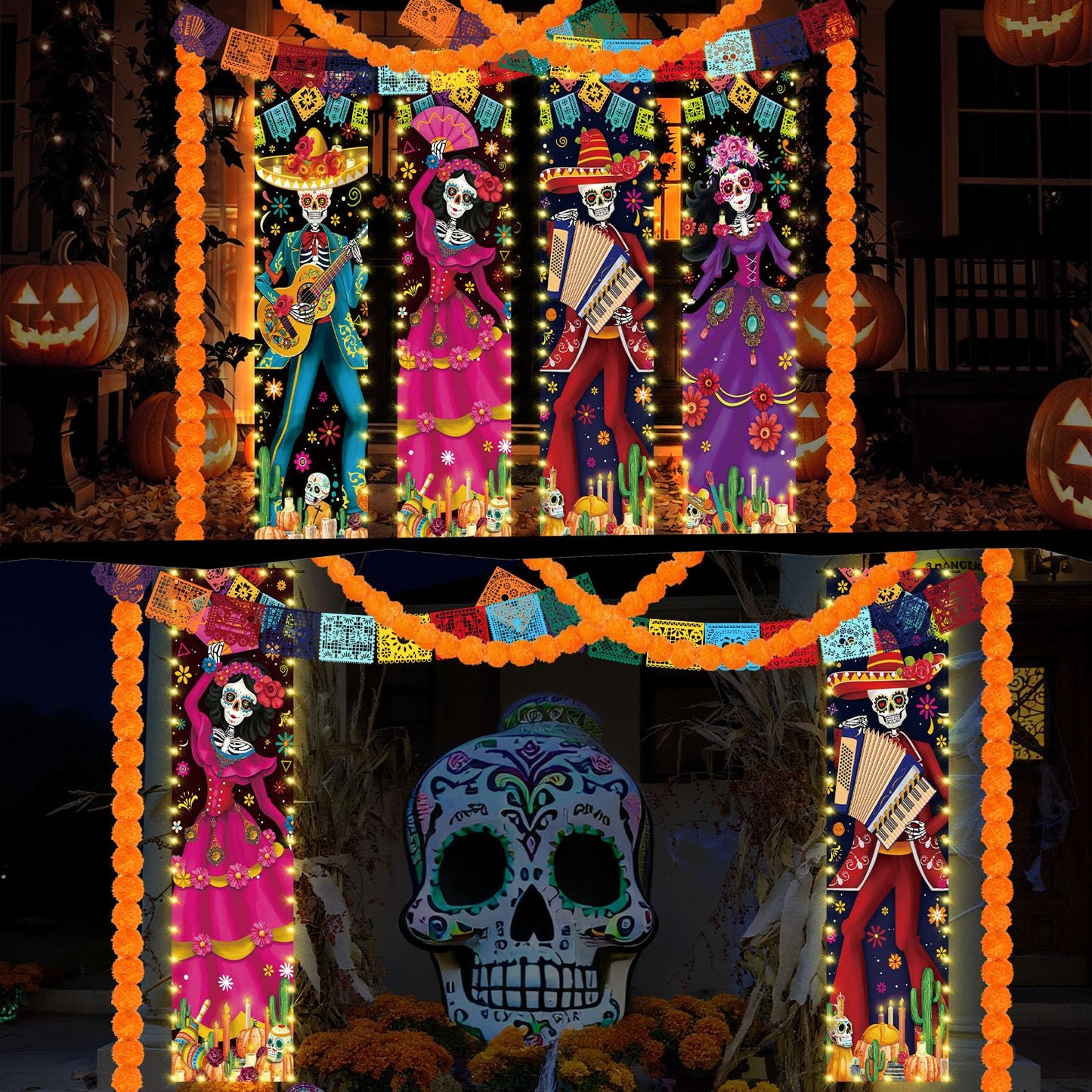 VitalCozy 10 Pcs Day of The Dead Decorations Dia De Los Muertos Porch Sign Banners with LED Lights Halloween Sugar Skull Decor Mexico Dia De Los Muertos Altar Backdrop Papel Picado Marigold Garland
