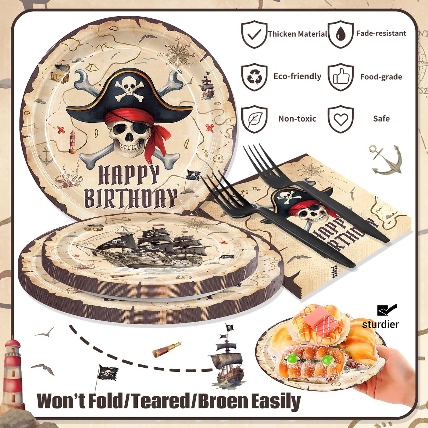120pcs Pirate Party Supplies Pirate Birthday Plates and Napkins With Paper Cup Treasure Map Napkins Adventure Party Supplies for Pirate Birthday Party Disposable Tableware Set Serve 24 Guests