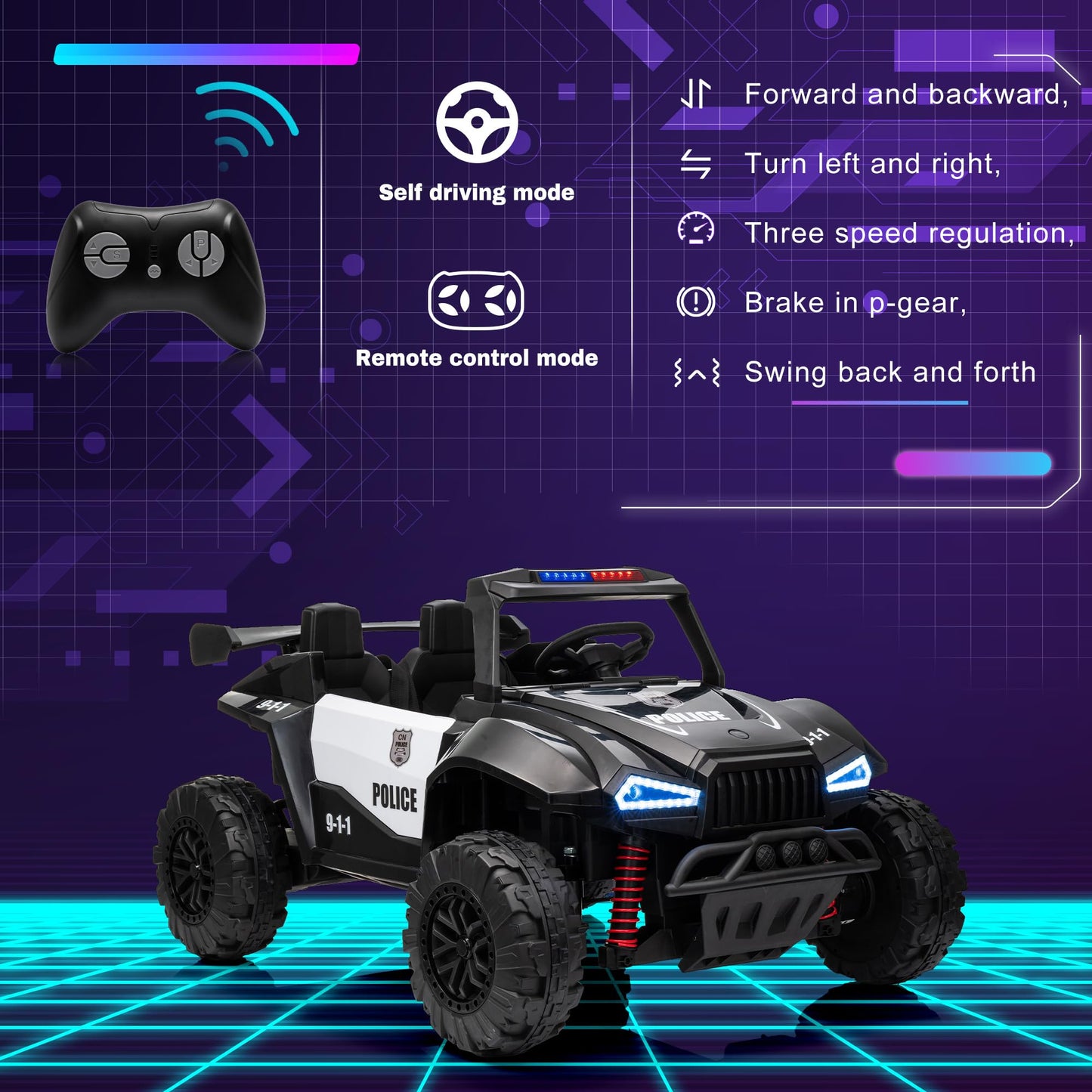 24V 2-Seater Kids Ride On Car Electric Off-Road UTV Side by Side with 200W*2 Powered Wheel Electric Vehicle with Remote Control, Bluetooth, LED Light Gift for Boys and Girls Black
