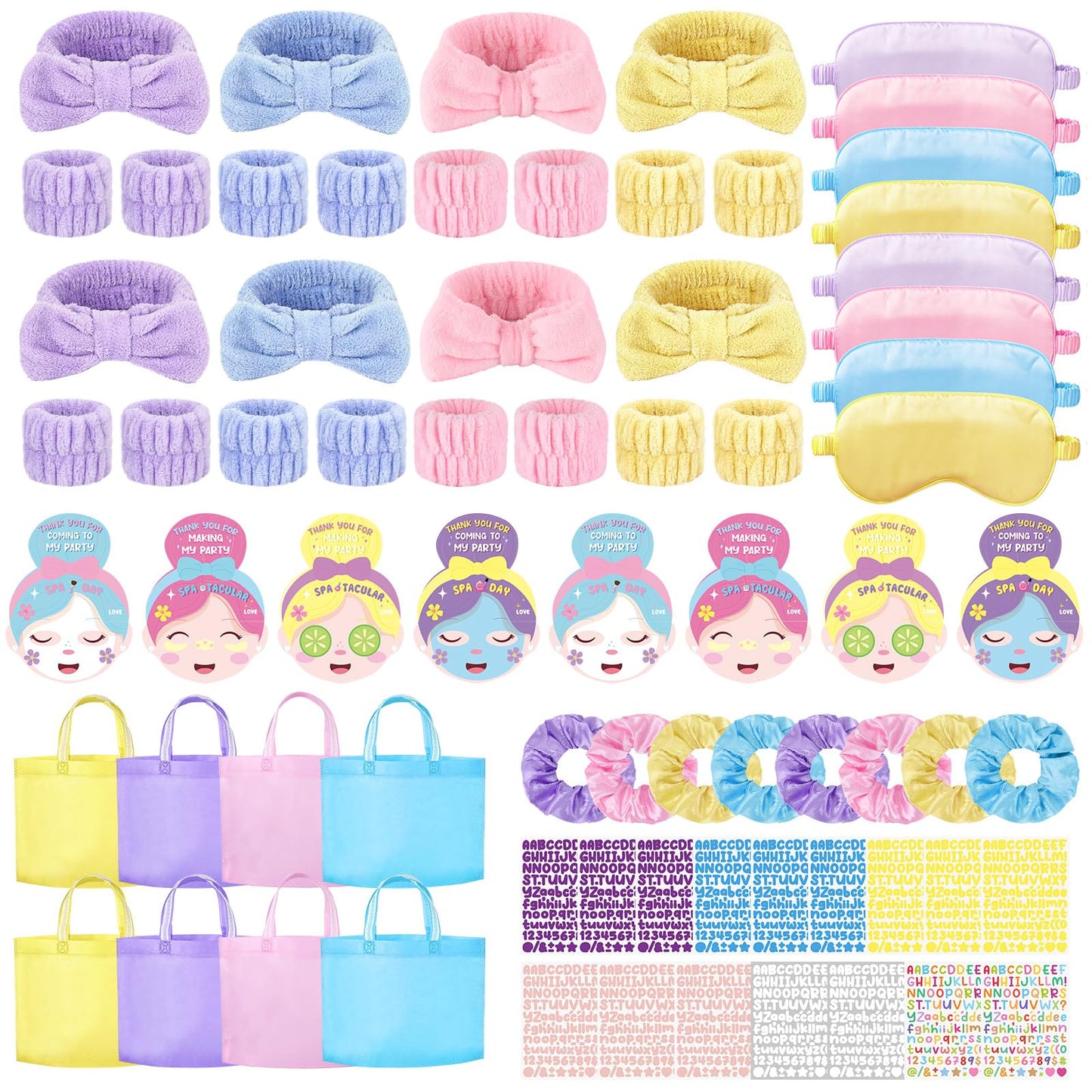 72 Pcs Spa Sleepover Party Supplies for Girls With DIY Stickers And Greeting Card Mix Color Headband Wristbands Eye Mask Hair Scrunchie Tote Bag Sleeping Slumber Party Favors