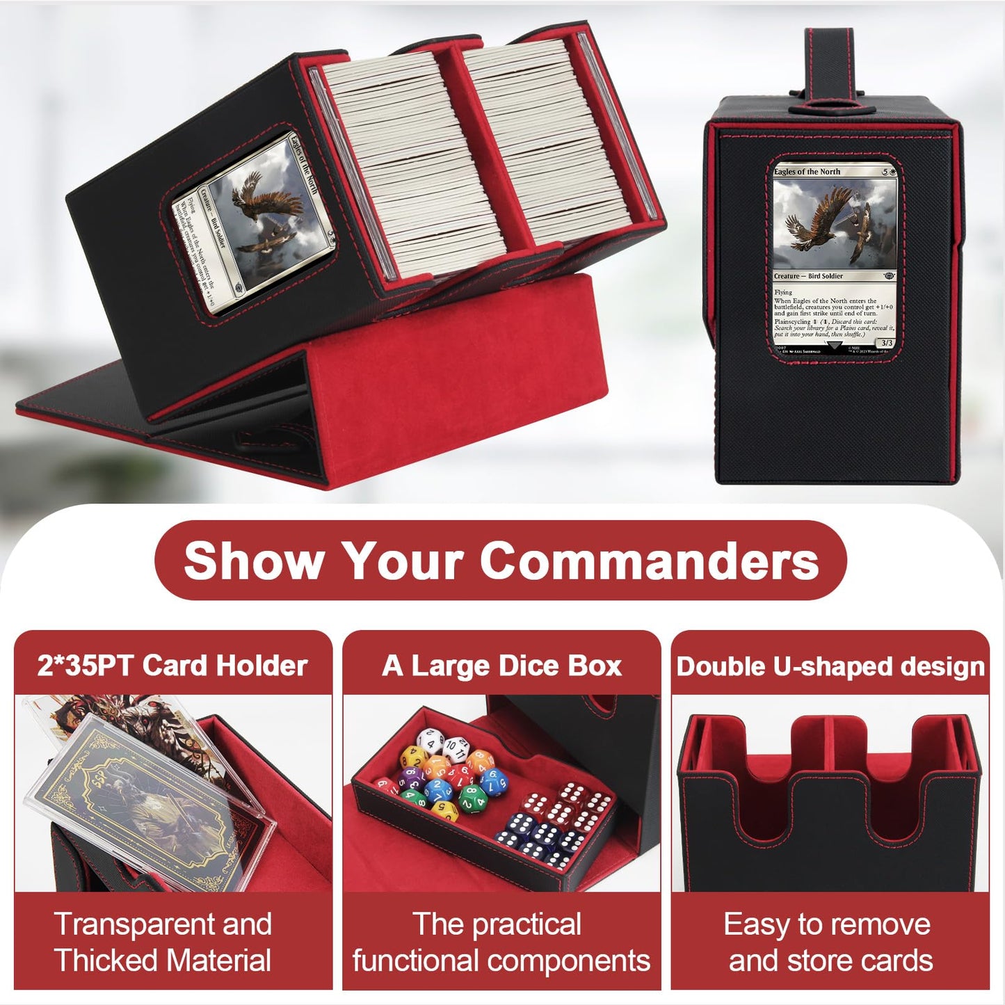 WERTIOO MTG Commander Deck Box with Handle – Double Storage Box for 230+ Double Sleeved Cards, 2 Commander Displays, 1 Dice Tray – Card Organizer for EDH, CCG, TCG (Black Red)