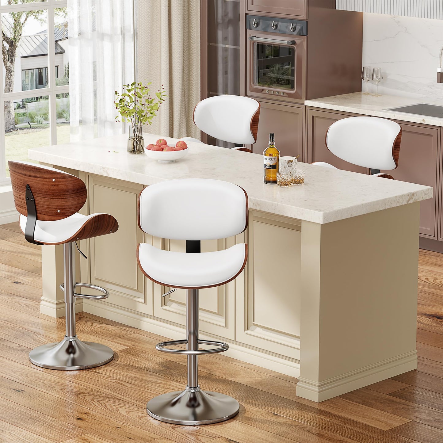 YaFiti Bar Stools Set of 4, Modern Pu Leather Swivel Adjustable Bar Stool Counter Height Stool Set, Bar Chair with Back and Footrest for Kitchen, Dining Room, White