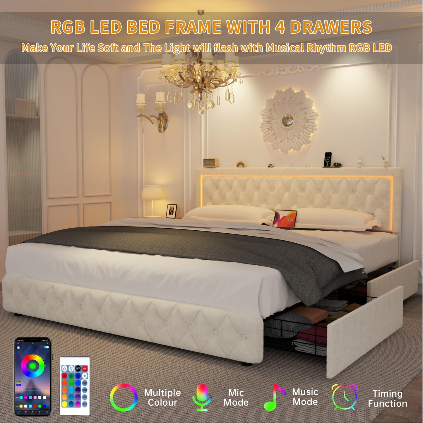 VOHOBY Queen Bed Frame with 4 Storage Drawers, Velvet Upholstered Bed Frame Queen Size with Charging Station and LED Lights, 46" Adjustable Button Tufted Headboard, No Box Spring Needed, Beige
