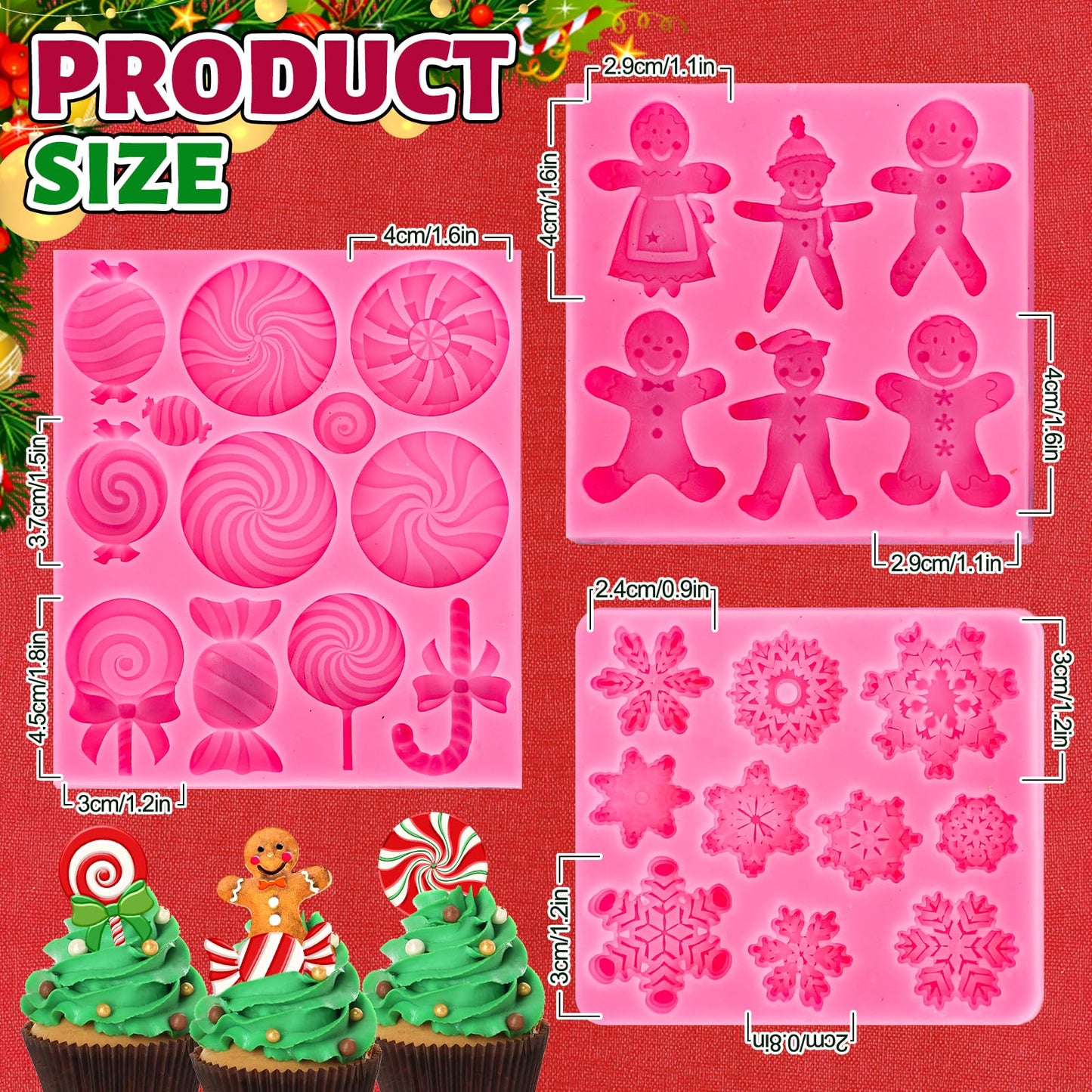 Whaline 3Pcs Christmas Candy Fondant Mold Pink Gingerbread Man Snowflake Silicone Mold Assorted Chocolate Candy Mould for Xmas Winter Party Cupcake Sugar Craft Gum Resin Clay