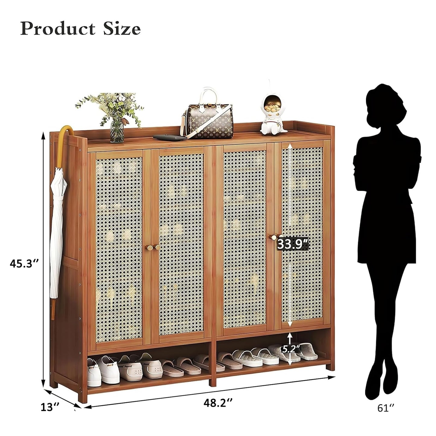 8 Tier Bamboo Shoe Cabinet, Shoe Storage Cabinet with Doors, 40 Pairs Shoe Organizer with Shelves, Freestanding Shoe Rack for Entryway, Hallway, Closet Living Room (Brown-)