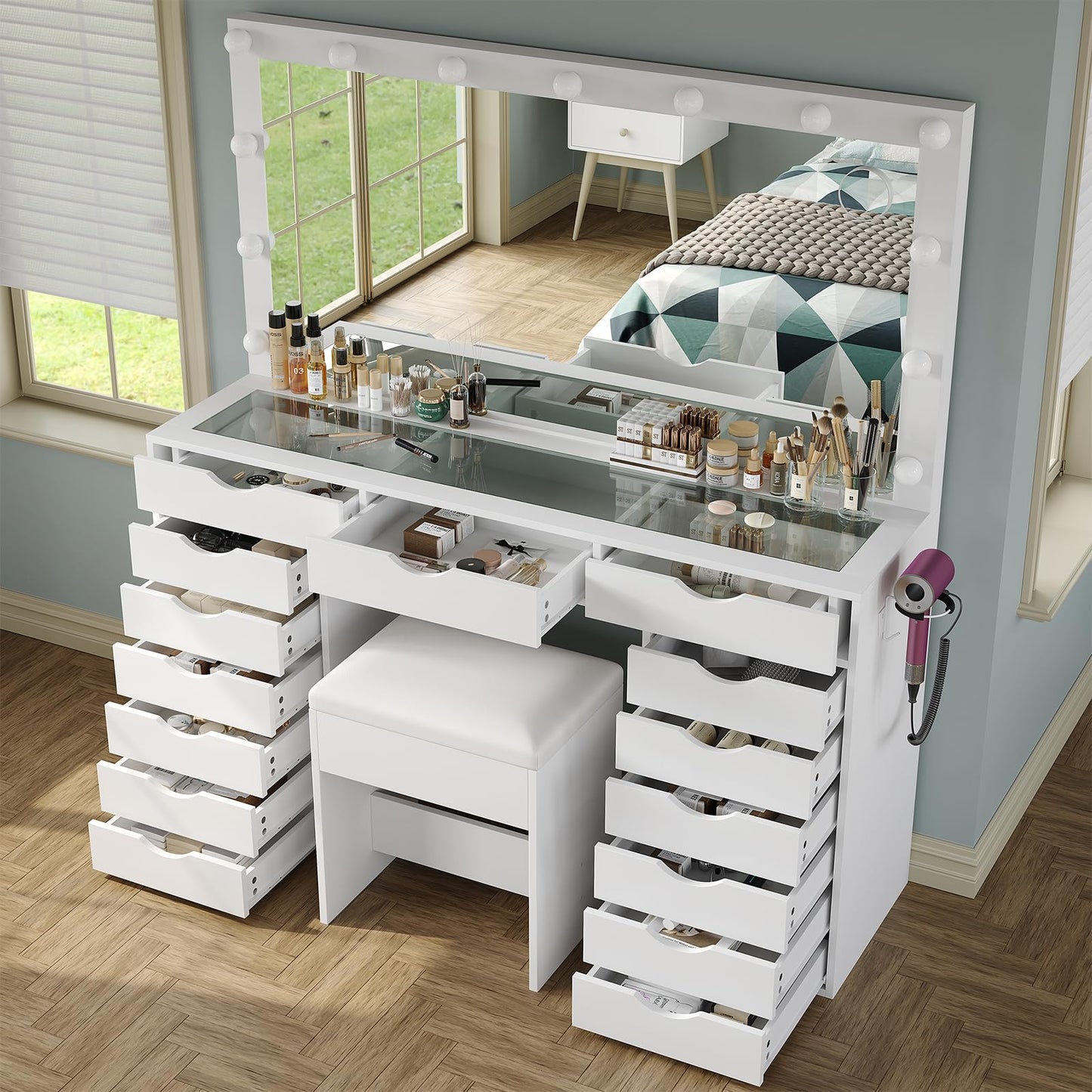Yanosaku Vanity Desk with Mirror and Lights, Makeup Table with Charging Station, 3 Color Lighting Modes, 15 Drawers Dressing Table, Vanity with Chair for Bedroom, White