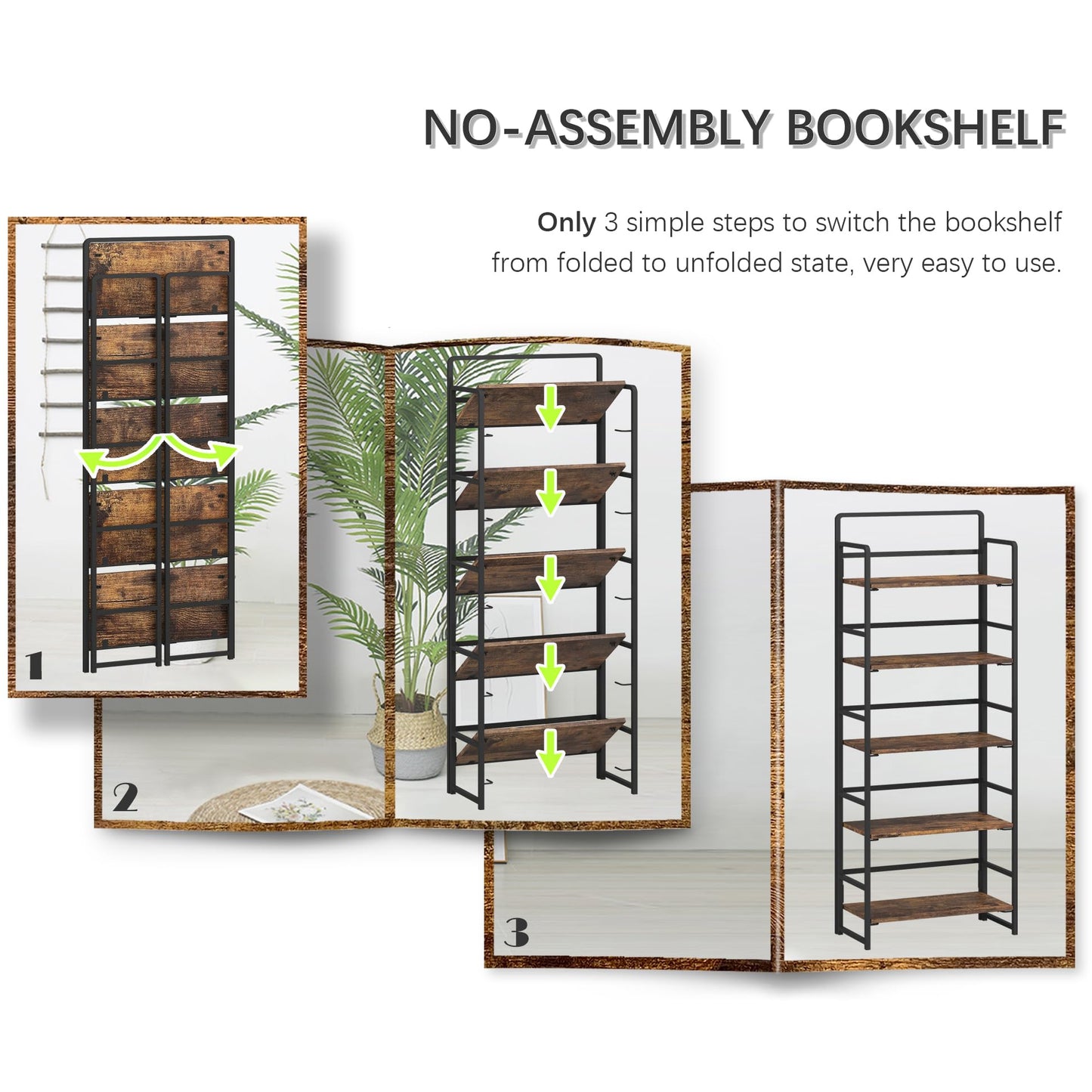 4NM No-Assembly 5 Tiers Folding Bookshelf Storage Shelves Vintage Bookcase Standing Racks Study Organizer Home Office (Rustic Brown Black)