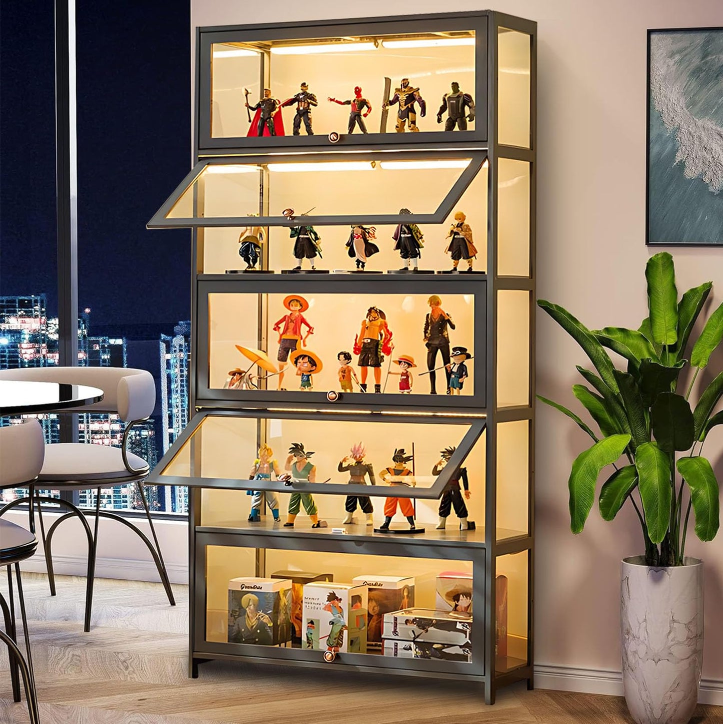 5-Tier Display Cabinet, Transparent Display Case with Acrylic Glass Door, Bamboo Curio Cabinet for Collectibles, Display Shelf & Kids Bookcase for Playroom, Bedroom, Living Room, Office