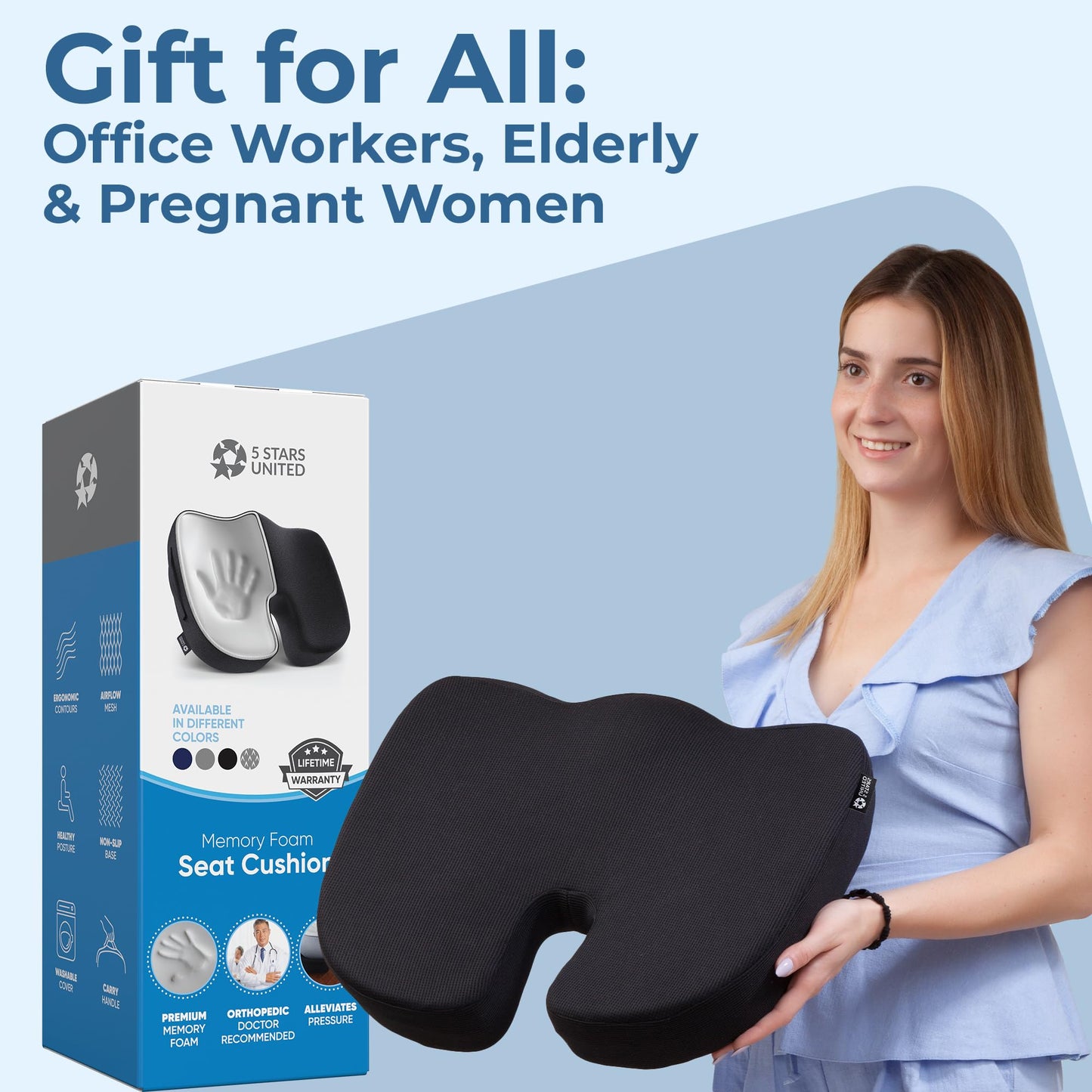 5 STARS UNITED Seat Cushion for Tailbone Pain Relief โ Memory Foam Lifting Pillow for Coccyx, Hip, Hemorrhoid, Sciatica & Post-Surgery Recovery โ Wheelchair, Car, Desk, Gaming & Office Chairs, Black
