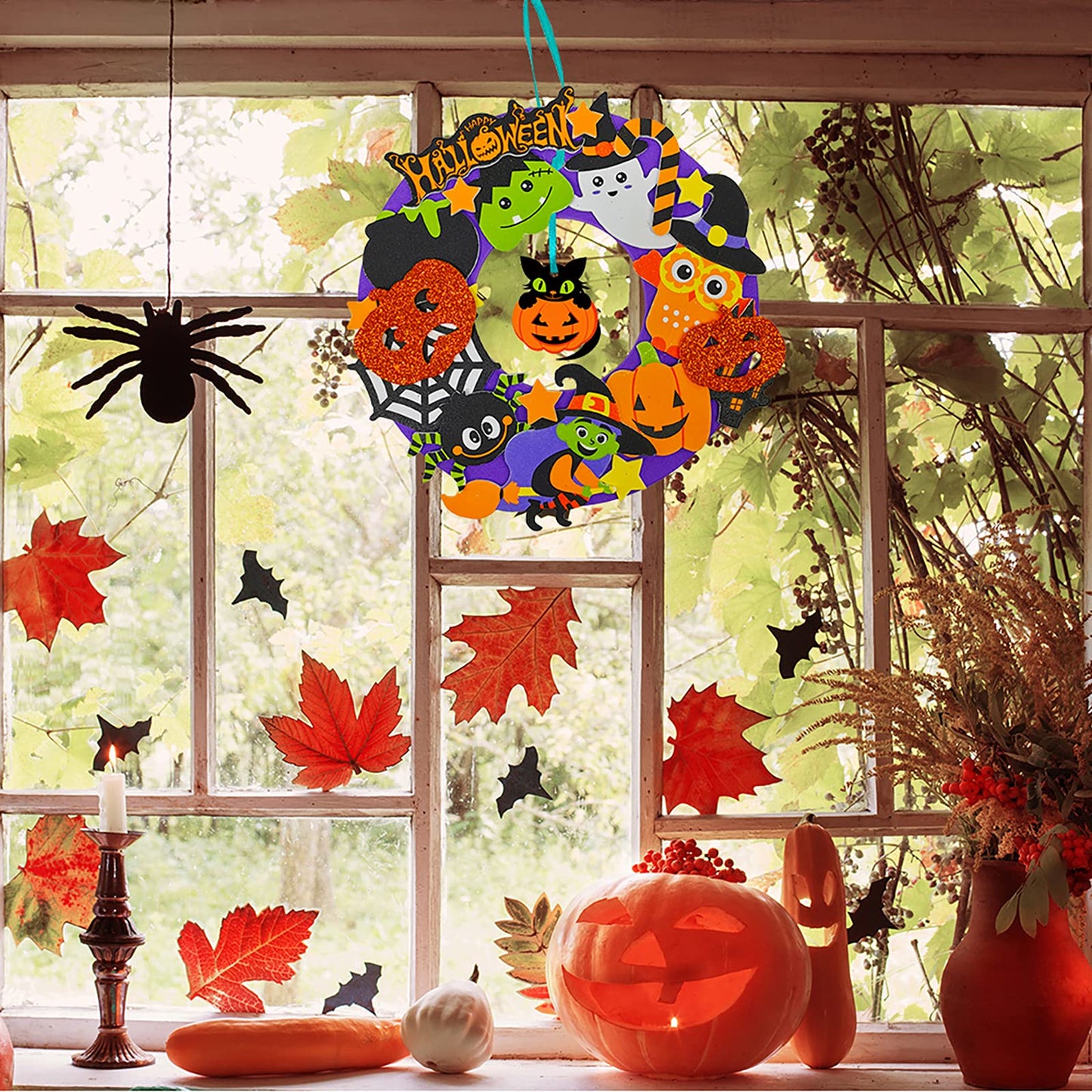 Winlyn 12 Sets Halloween Wreath Decorations Foam Halloween Wreath Signs Craft Kits Pumpkins Jack-O`-Lantern Owl Ghost Witch Bats Monster Stickers for Kids Art Gift Favors Trick-Or-Treaters Front Door