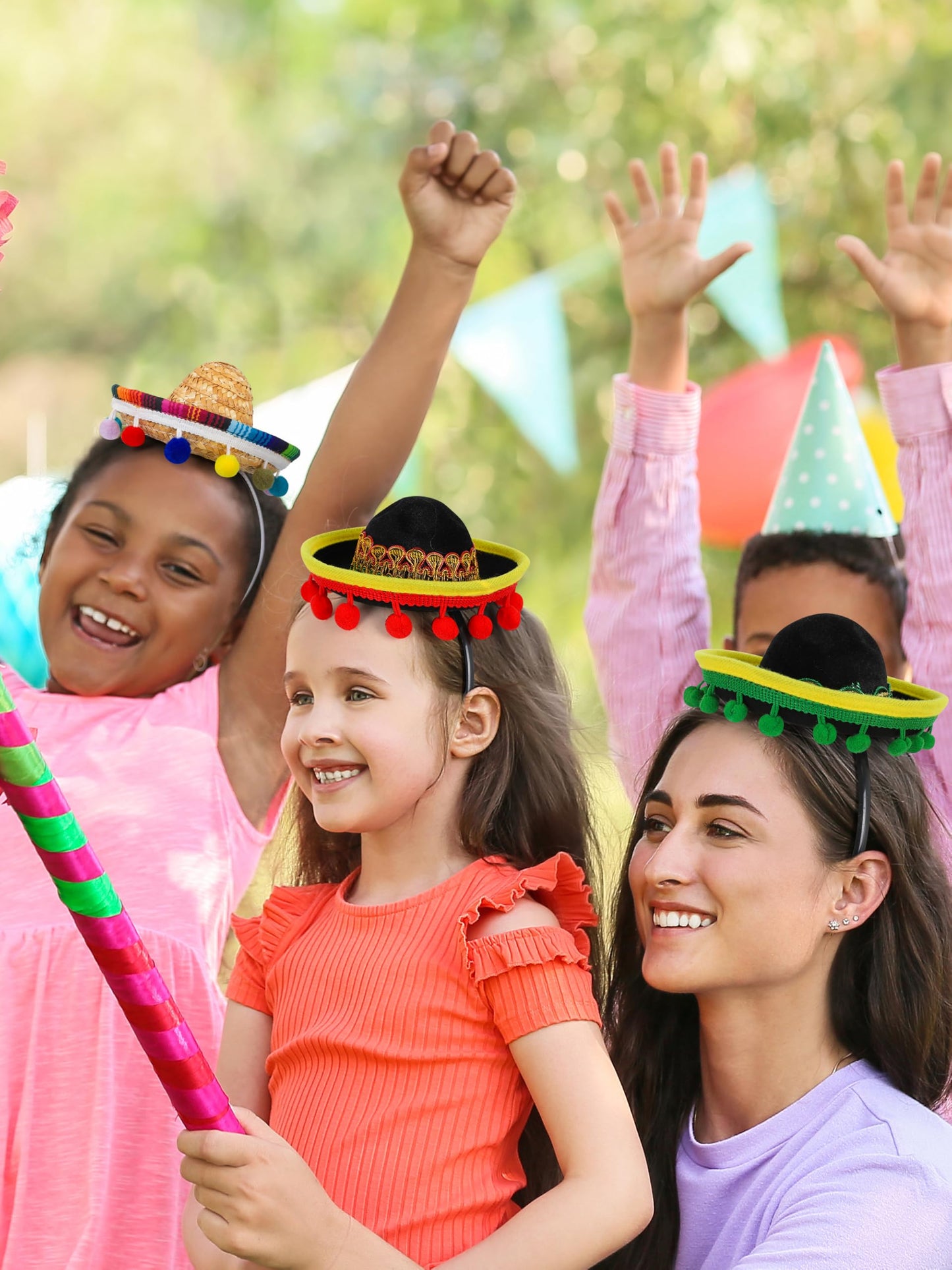 3 PCS Cinco De Mayo Sombreros with Headbands - Fabric and Straw Fiesta Hats, 3 Styles for Mexican Carnivals and Festivals