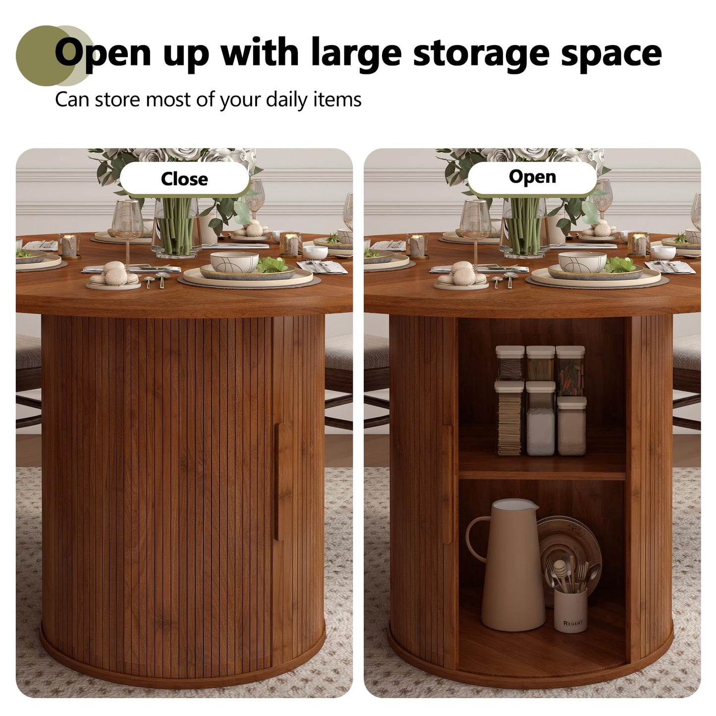 weselon 47 inch Round Dining Table for 4, Kitchen Table Dinner Table with 2-Layer Storage Shelf and Wood Slide Door for Home Dining Room Living Room (Walnut)