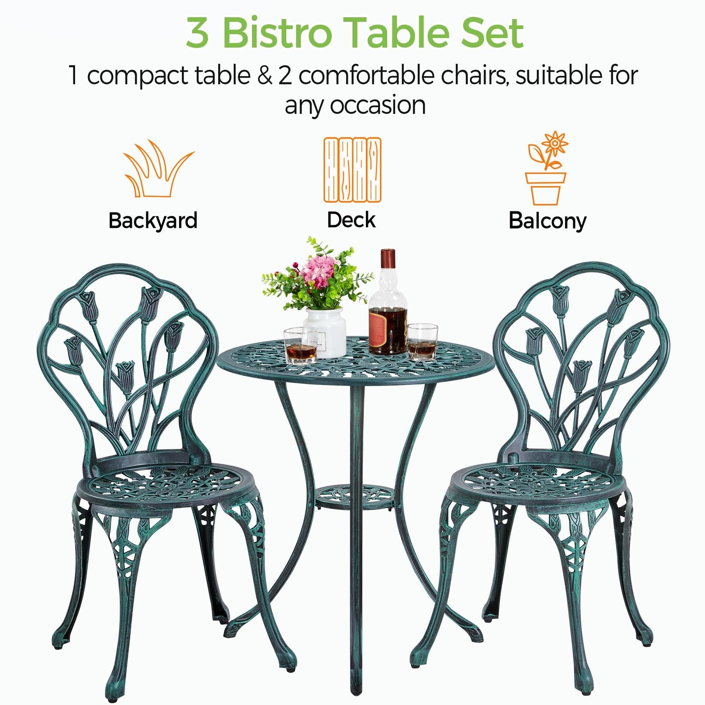 Yaheetech Patio Bistro Sets 3 Piece Cast Aluminum Bistro Table and Chairs Set, Cast Aluminum Bistro Table and Chairs Set of 2 with Umbrella Hole for Patio Backyard Balcony, Green