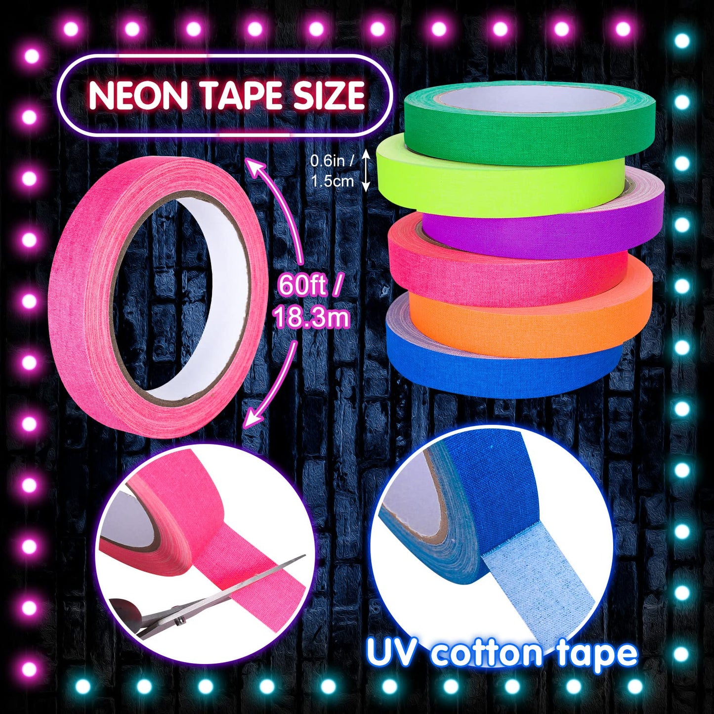 Whaline 6 Colors Neon Gaffer Cloth Tape, Fluorescent UV Blacklight Tape for UV Party (0.6 inch x 60 feet)