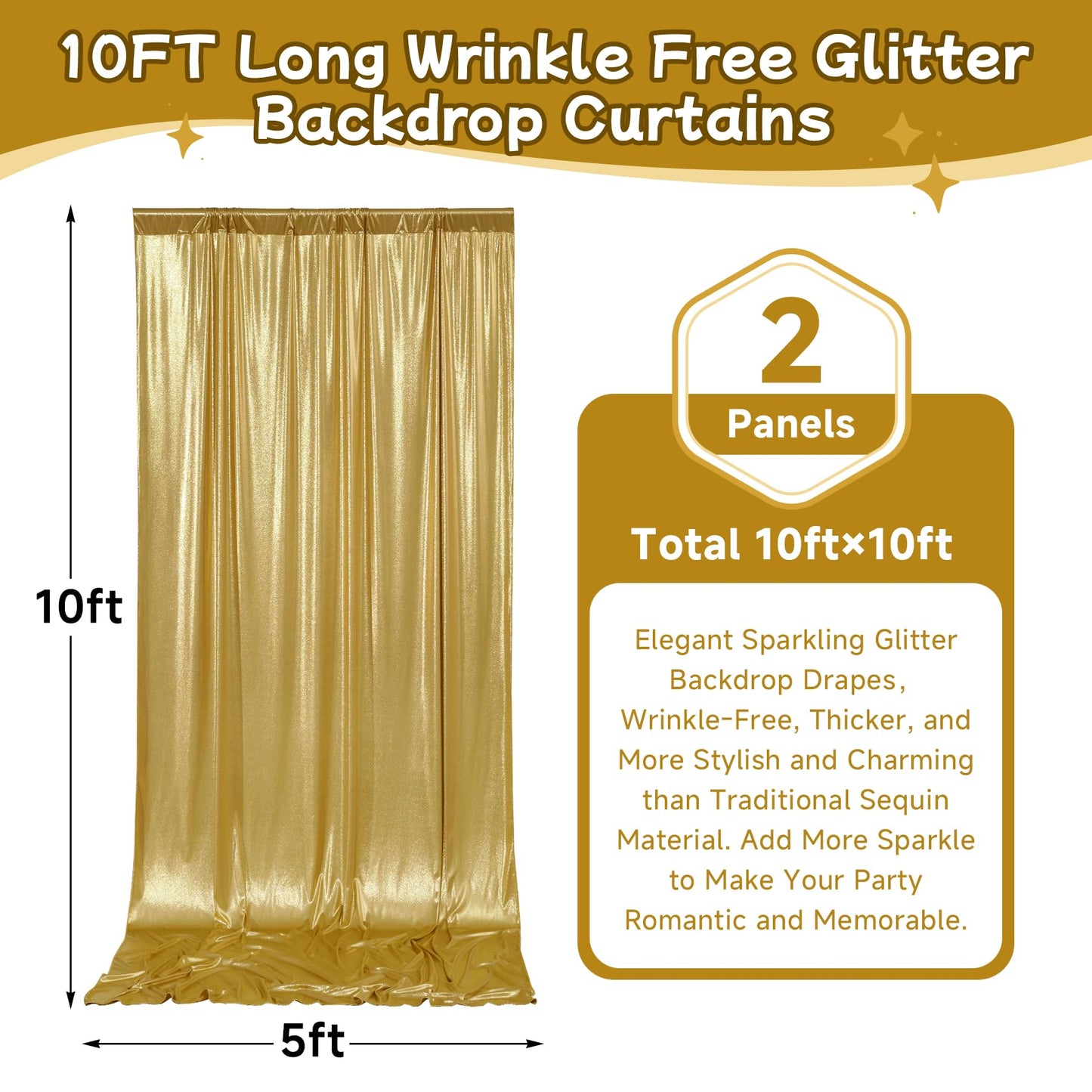 10ftx10ft Thick Gold Glitter Backdrop Curtain Panels for Parties, Wrinkle Free Sequin Sparking Photo Backdrop Drapes, 2 Panels 5x10ft Shimmer Back Drop Cloth for Wedding Birthday Photography