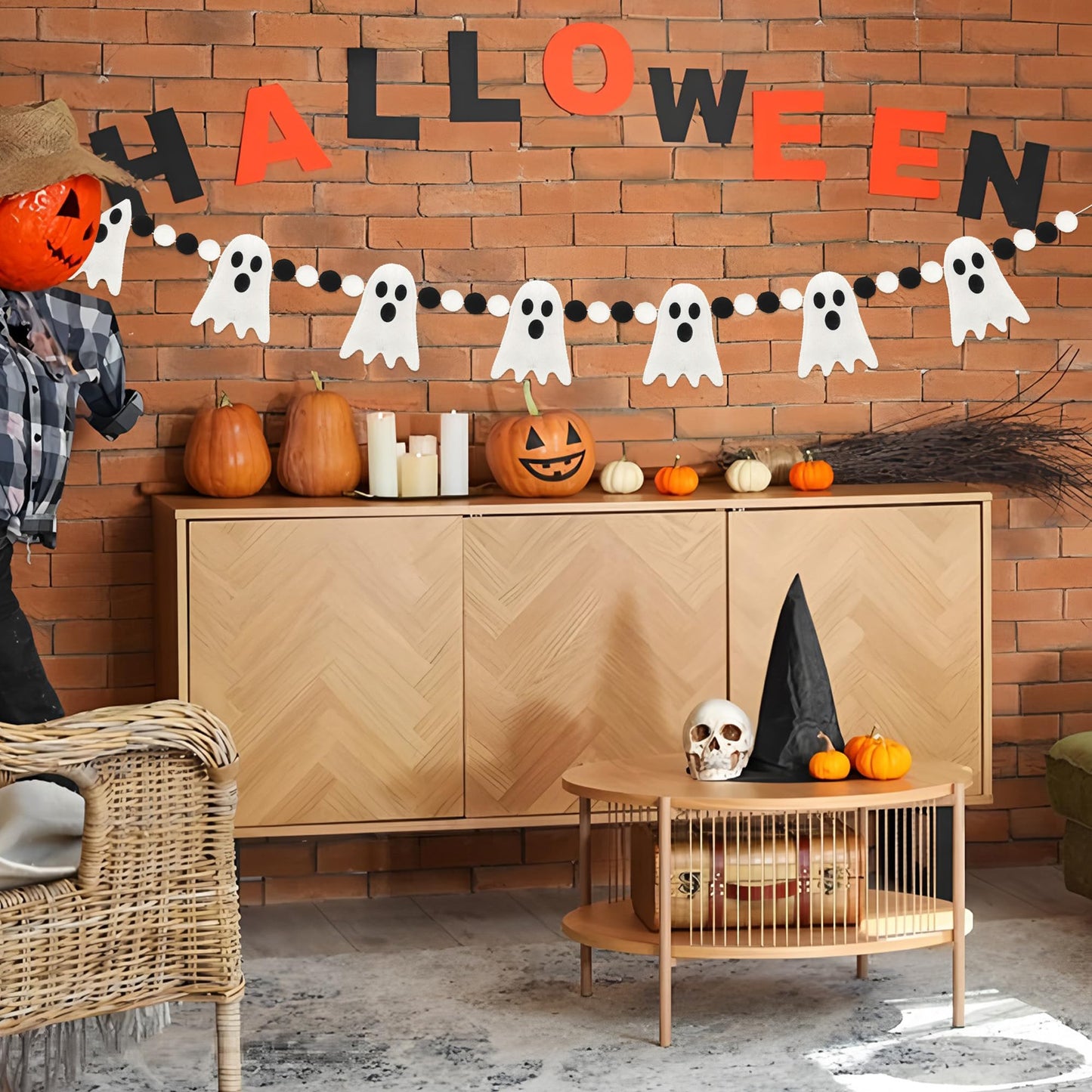 8.2 Ft Halloween Garland Cute Ghost Felt Garland 3D Ghost Hanging Banner White Black Pom Pom Ball Banner Felt Ghosts Hanging Decorations for Halloween Fireplace Mantle Window Home Party Decor