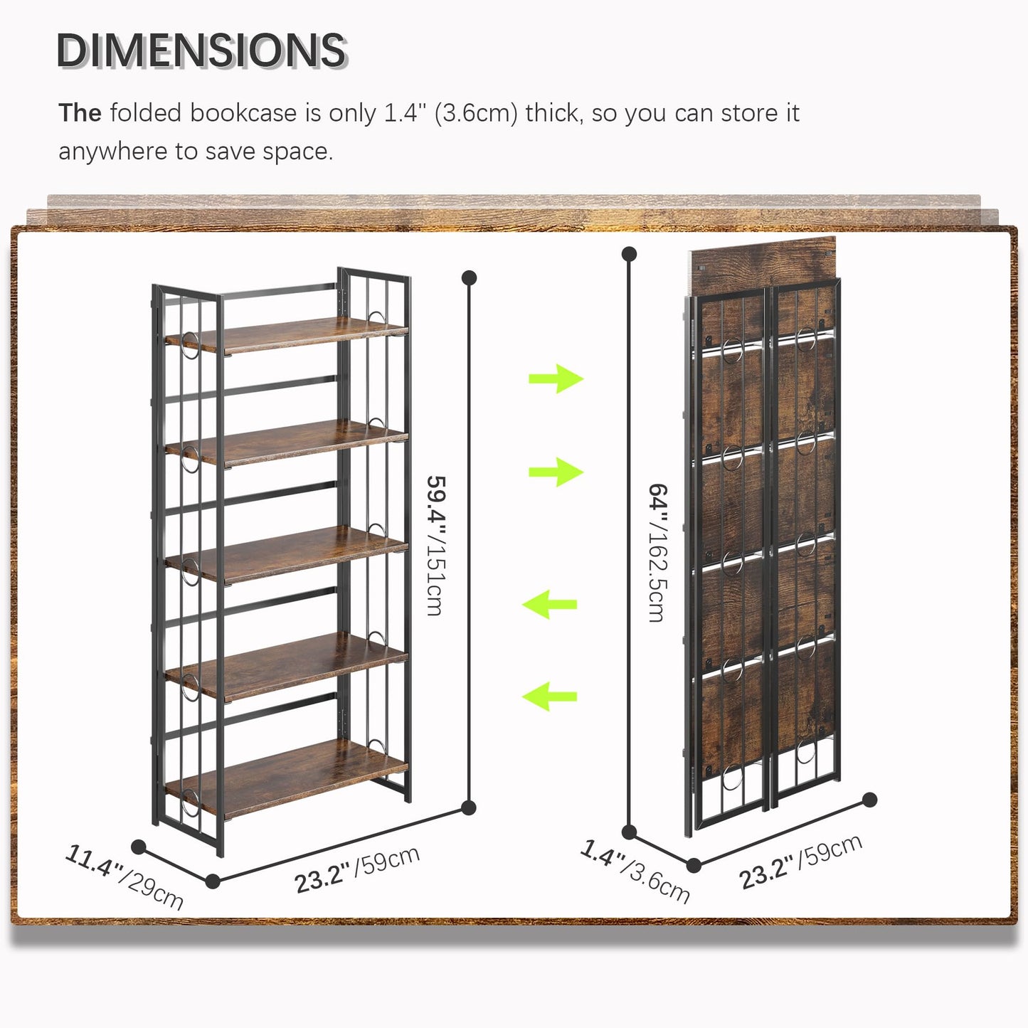 4NM No-Assembly 5 Tiers Folding Bookshelf Storage Shelves Vintage Bookcase Standing Racks Study Organizer Home Office - Rustic Brown Black