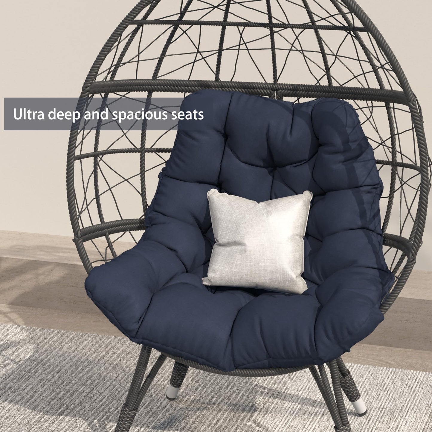 wallowsun Oversize Wicker Egg Chair, Outdoor Indoor Egg Basket Lounge Chair w Large Cushion for Patio Backyard Garden Living Room (Blue)