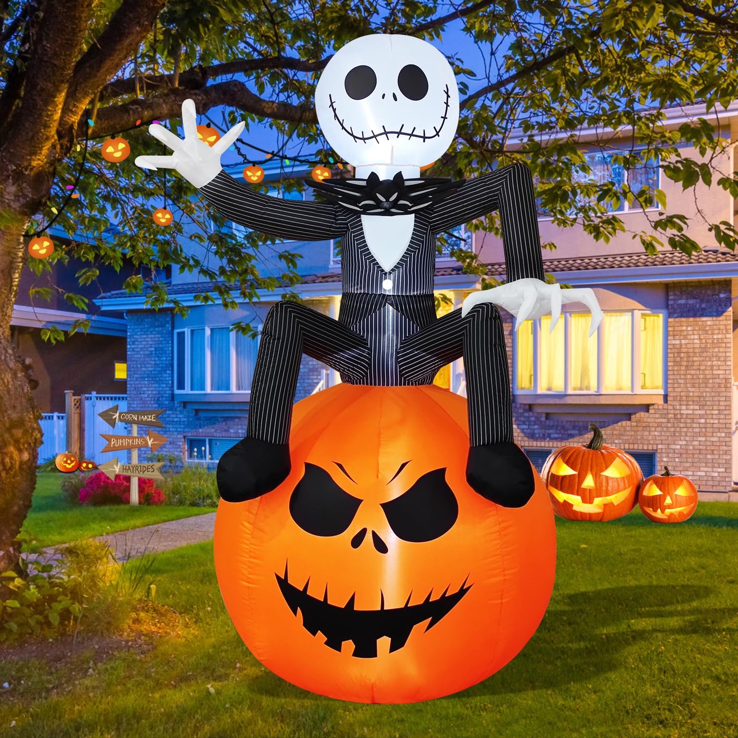 6Ft Inflatable Halloween Yard Decoration - Outdoor Blow Up Skeleton & Pumpkin Decoration - Built-in LED Lights for Halloween Lawn Outdoor Decoration