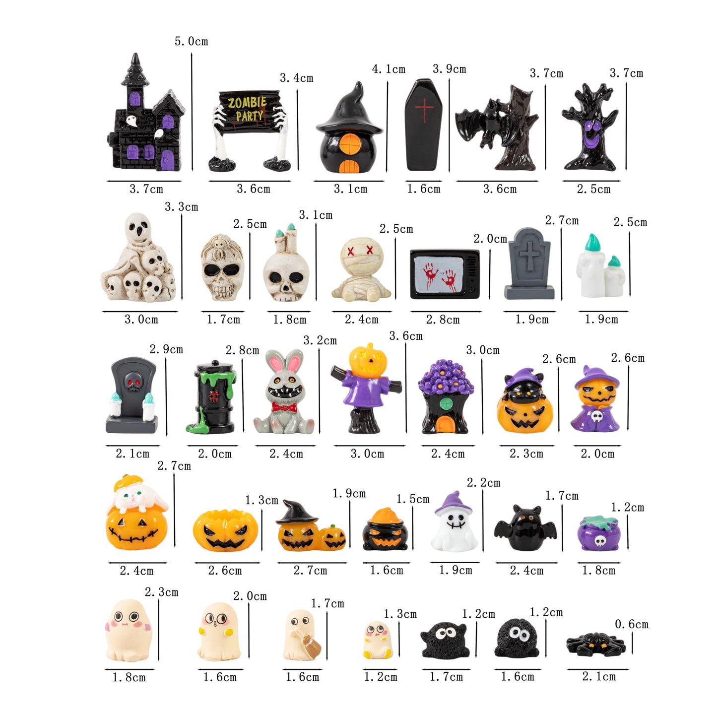 34pcs Mini Halloween Figurines-34 Styles Halloween Miniatures Resin Skull Tombstone Pumpkin Decoration Mini Figures to Hide Dollhouse Miniatures