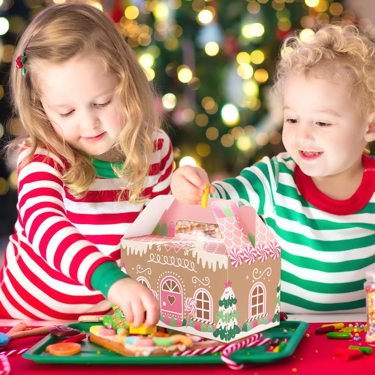 Whaline 24Pcs Christmas Treat Boxes with Handles Pink Gingerbread House Goodie Candy Bags Xmas Gable Paper Gift Containers for Cookie Snack Present Party Favor Supplies, 4 Designs