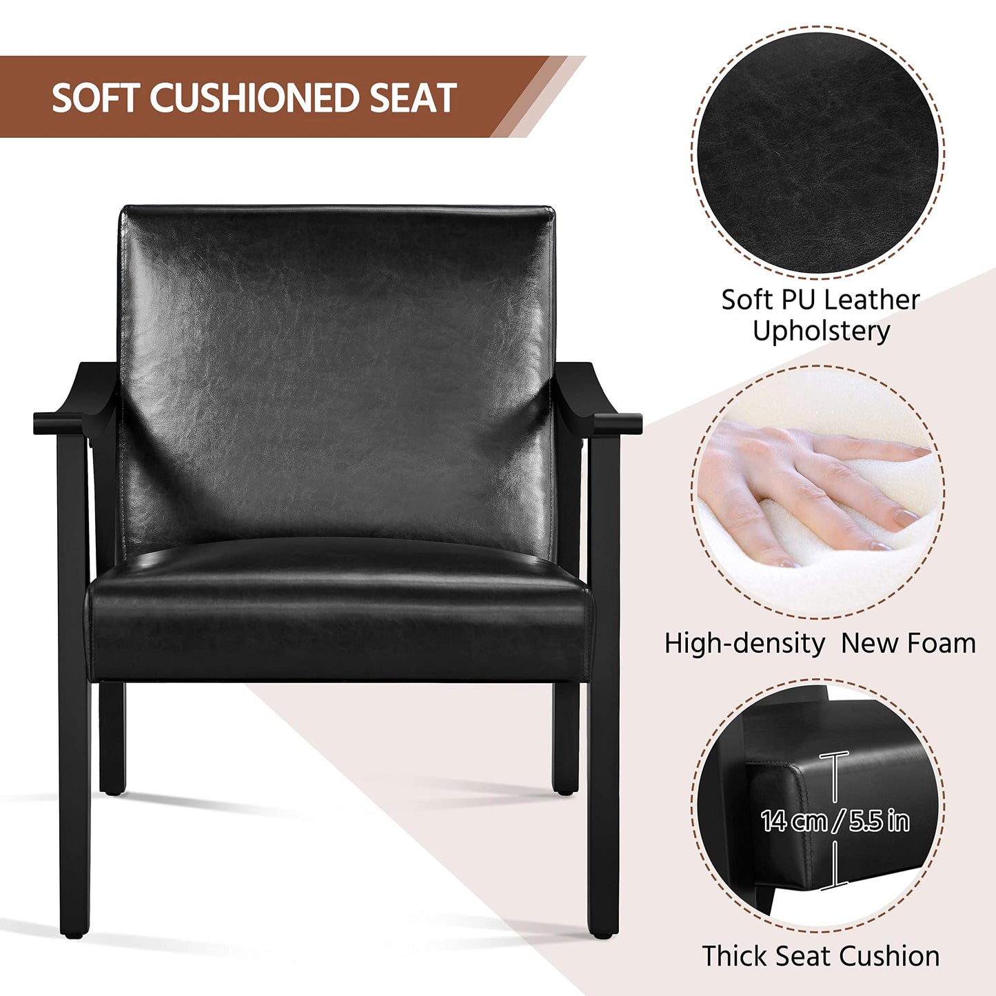 Yaheetech PU Leather Accent Chair, Mid-Century Modern Armchair with Solid Wood Legs, Reading Leisure Chair with High Back for Living Room Bedroom Waiting Room, 2 Pieces, Black