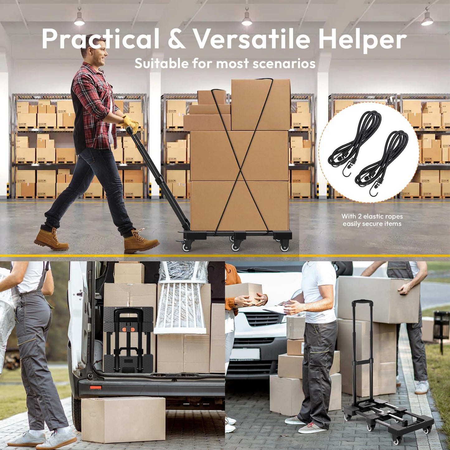 Voipvvii Folding Hand Truck 500lbs Heavy Duty Portable - 6 Wheels Collapsible Design with 2 Elastic Ropes, Lightweight 6.5lbs for Travel, Moving & Storage