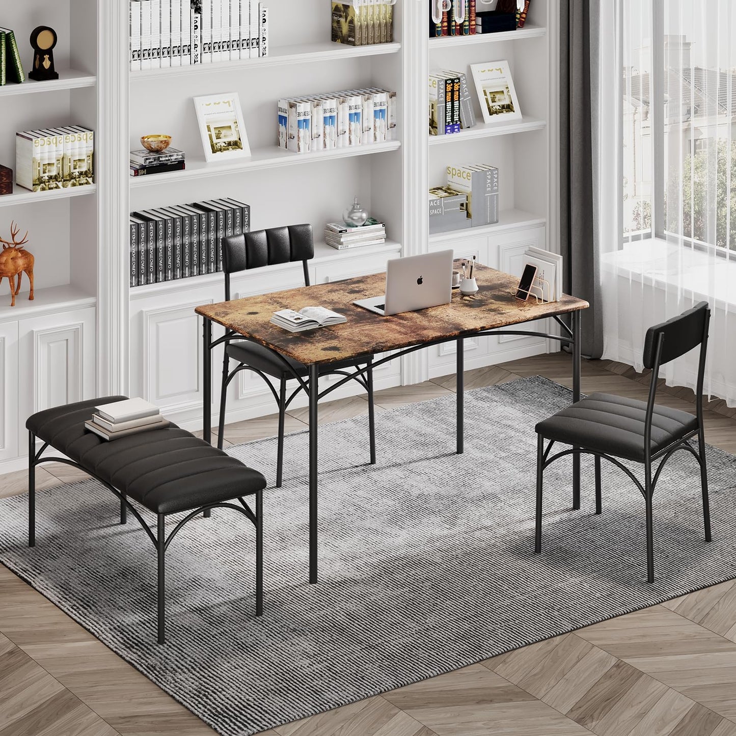 4 EVER WINNER Dining Table Set for 4, Kitchen Table with Upholstered Bench and 2 Chairs, Dining Room Set for Small Space, Apartment, Kitchen, Rustic Brown