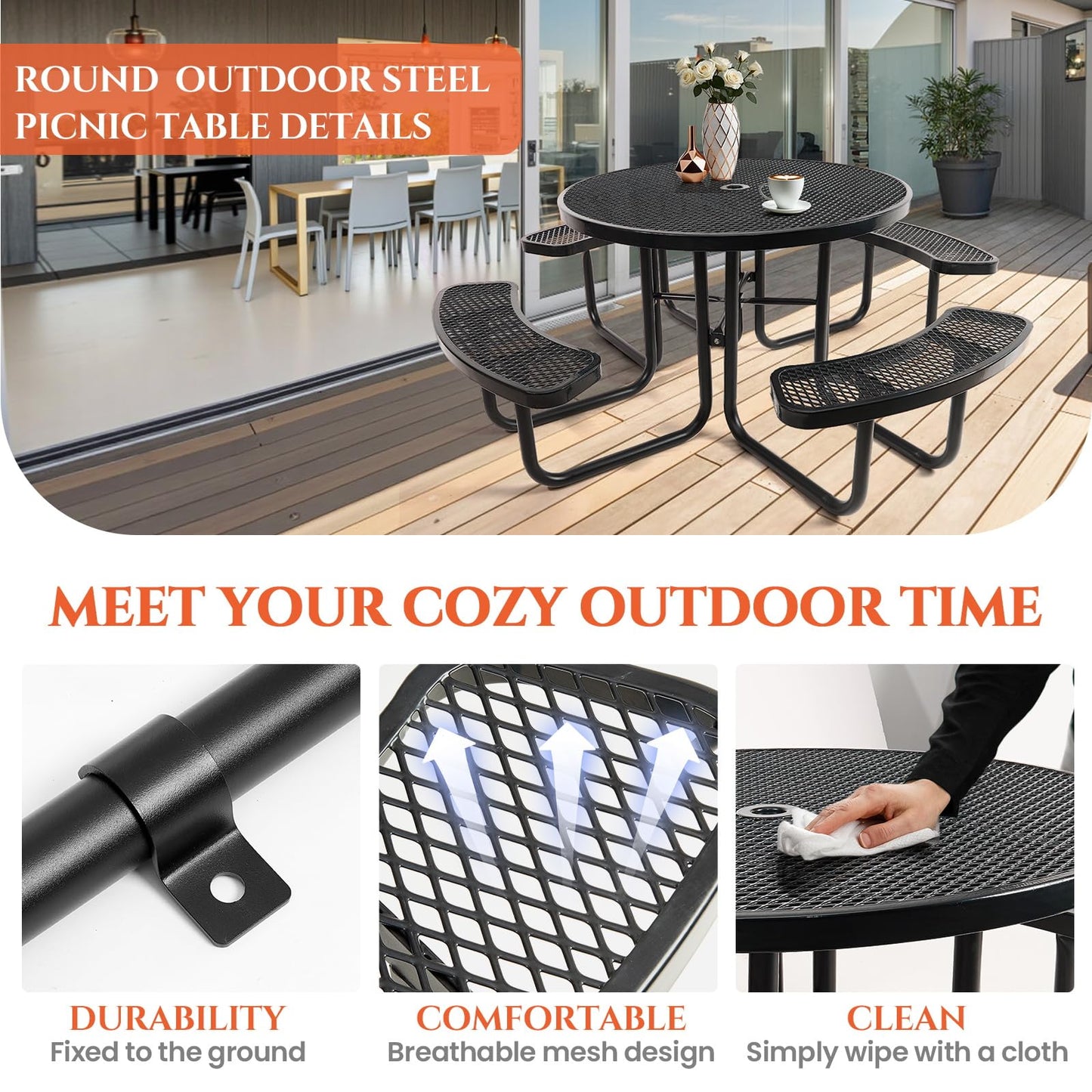 46" Round Top Outdoor Picnic Table Set for Up to 8 Persons, Outside Table Set with 4 Built-in Benches, Metal Commercial-Grade Dining Furniture with Umbrella Hole for Garden, Backyard, Porch, Patio
