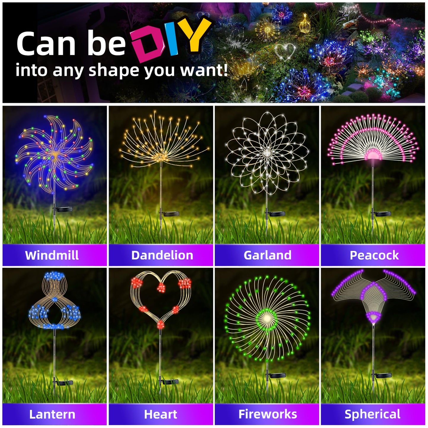4 PCS Solar Firework Light, Outdoor Solar Garden Decorative Lights 120 LED Powered 40 Copper Wires String DIY Landscape Light for Walkway Pathway Backyard Christmas Decoration Parties (Warm White)