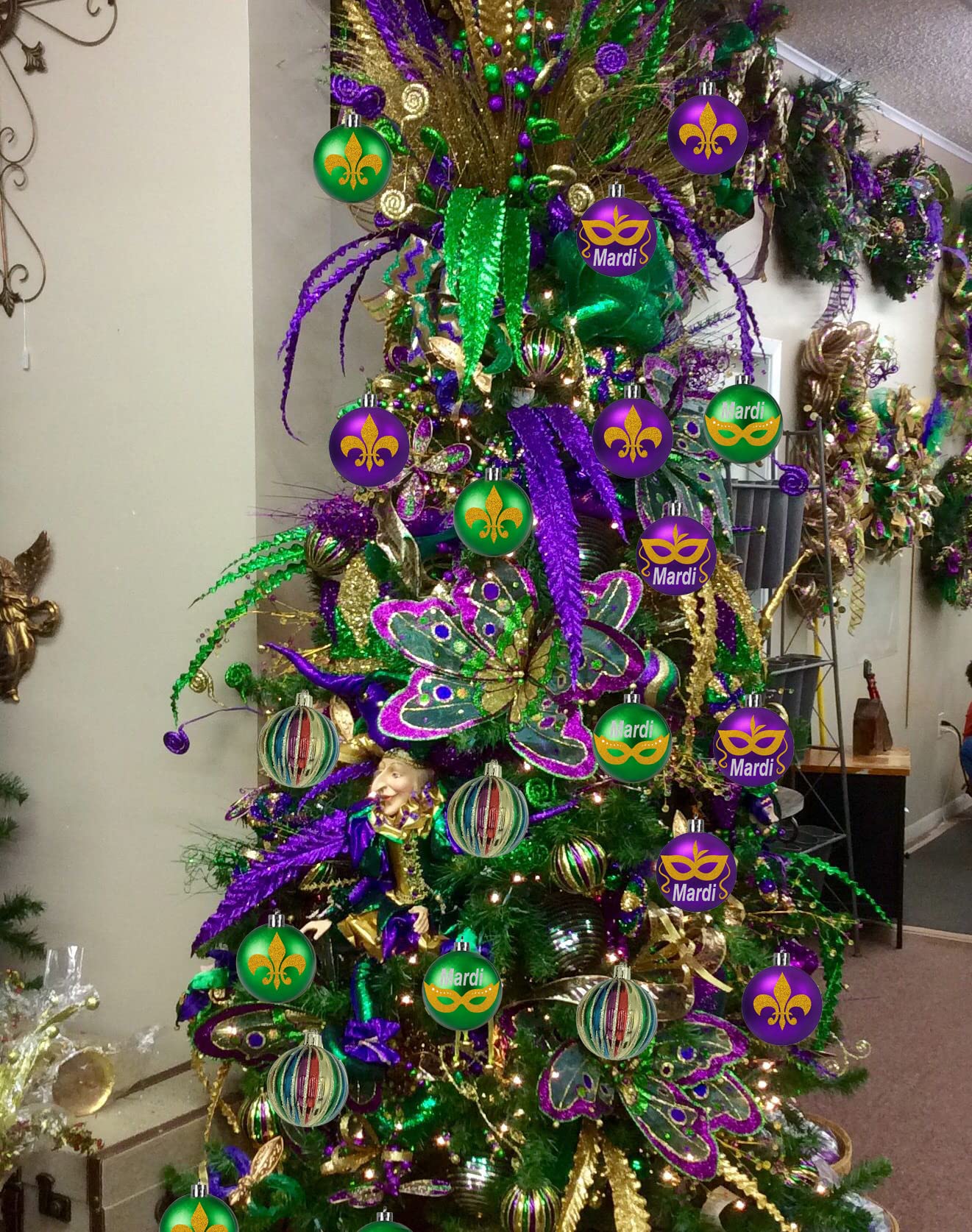 24 PCS Mardi Gras Tree Hanging Ball Ornaments-2.36 Inch Mardi Gras Shatterproof Ball-Purple Green Gold Tree Ornaments for Mardi Gras New Orleans Masquerade Party Decoration