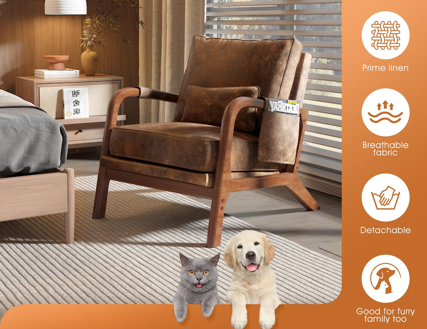 AILIUHUA Mid Century Modern Chair Set of 2, Upholstered Lounge Arm Chair with Solid Wood Frame, Comfy Accent Chair for Living Room, Bedroom, Reading, Reception, Brown