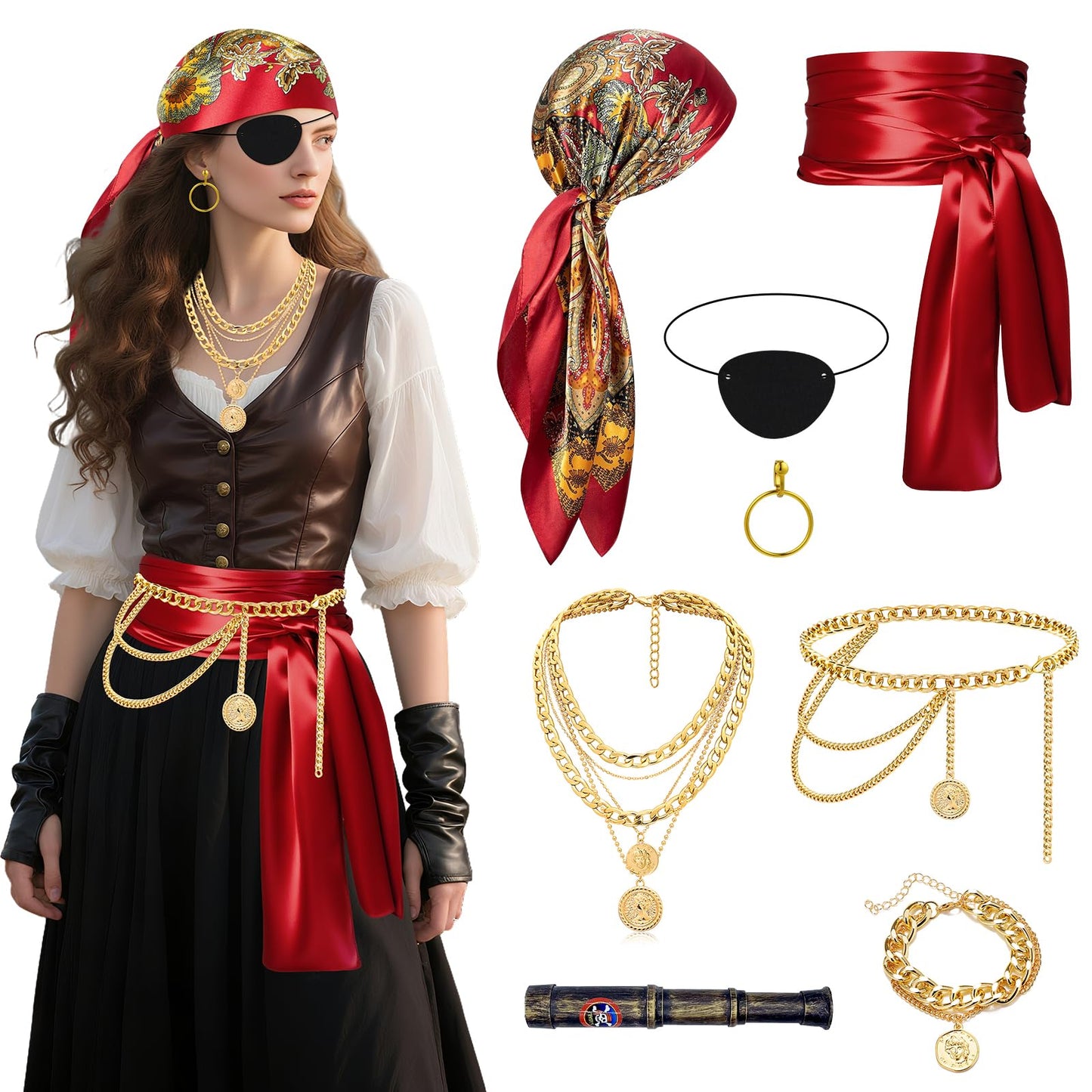 8 Pcs Pirate Costume Accessories for Women Men, Bandanas Head Scarf Eye Patch Sash Necklace Bracelet Chain Belt Earring Telescope Pirate Accessories for Halloween Cosplay Party