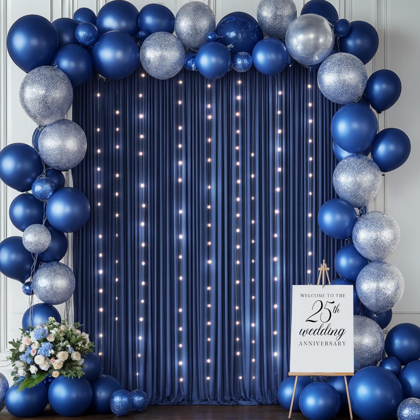 10x10ft Navy Blue Backdrop Curtains with Lights String for Baby Shower, Wrinkle Free Curtains Backdrop for Birthday Party, Polyester Backdrop Drapes for Wedding Photo Shoot (5 x 10ft,2 Panels)