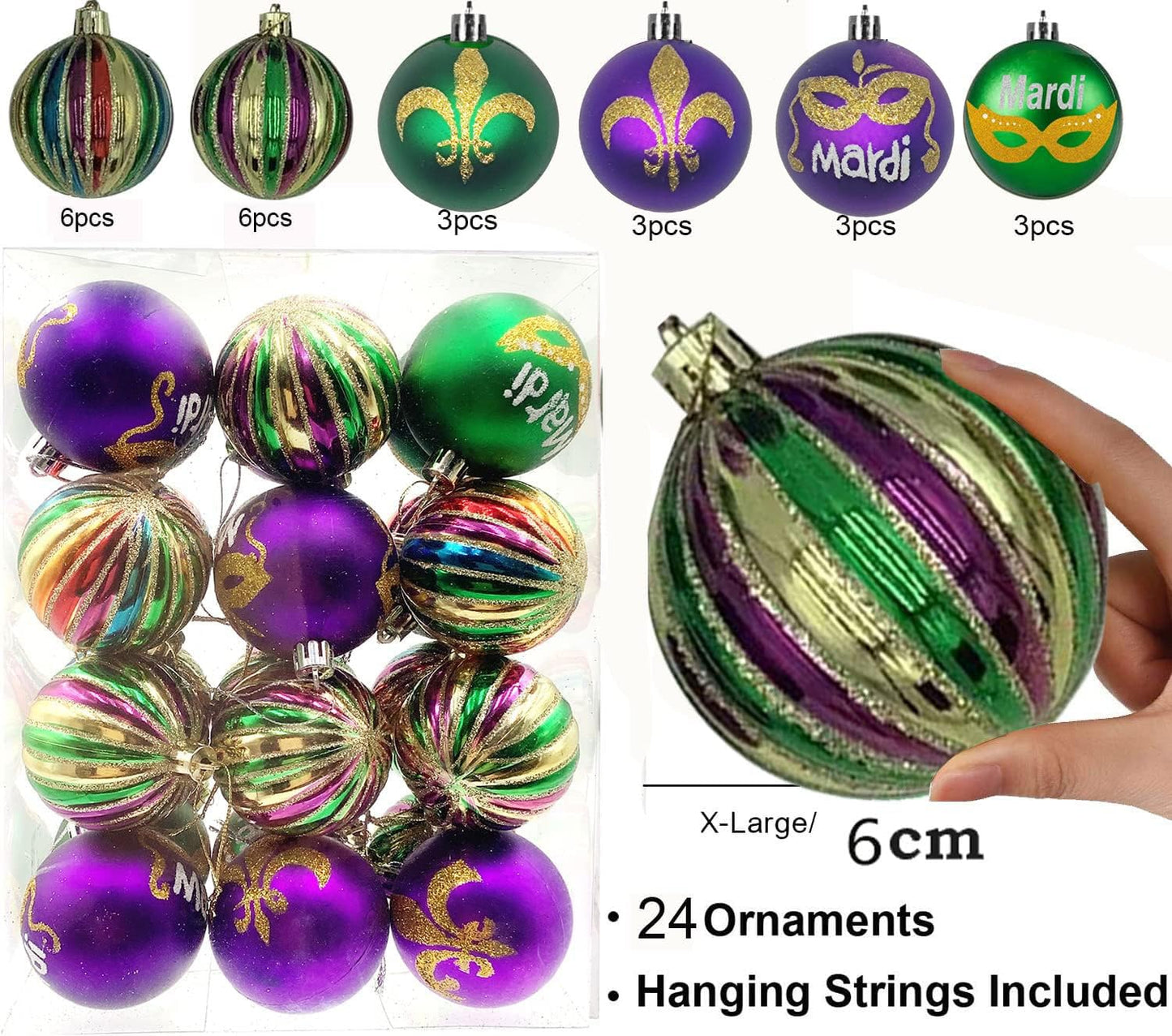 24 PCS Mardi Gras Tree Hanging Ball Ornaments-2.36 Inch Mardi Gras Shatterproof Ball-Purple Green Gold Tree Ornaments for Mardi Gras New Orleans Masquerade Party Decoration