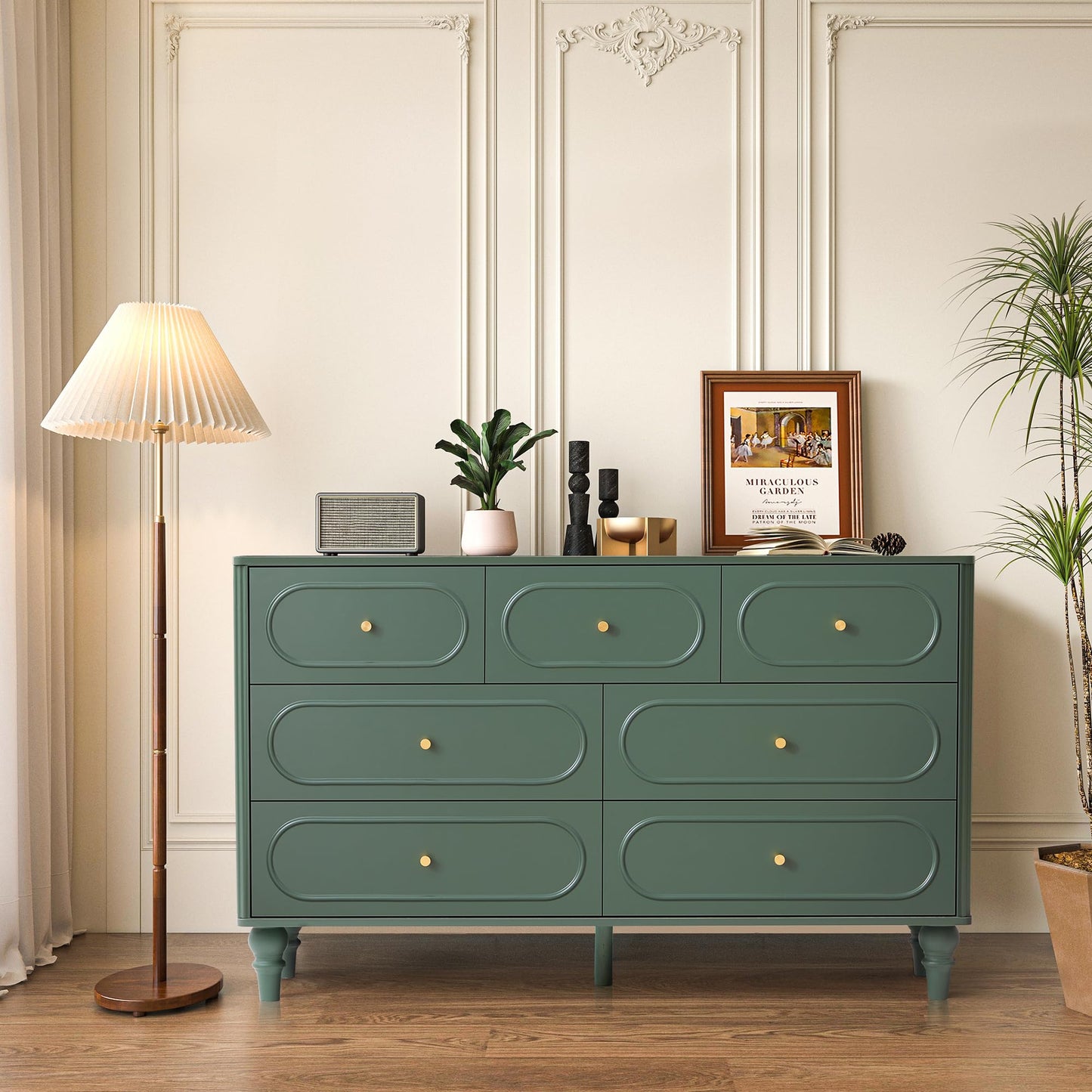 7 Drawer Fluted Dresser for Bedroom, Mid Century Modern Chest of Drawers, Wood Storage Large Dresser Organizer for Bedroom Living Room Hallway Closet, Green
