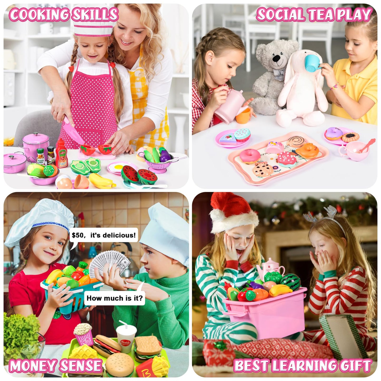 121Pcs Play Kitchen Accessories, Kids Kitchen Playset, Pretend Play Food Tea Party Set, Toy Kitchen Kids Cooking Real with Apron&Chef Hat, Utensils Cookware Pots&Pans, Toy Organizer, Toddler Toys Gift