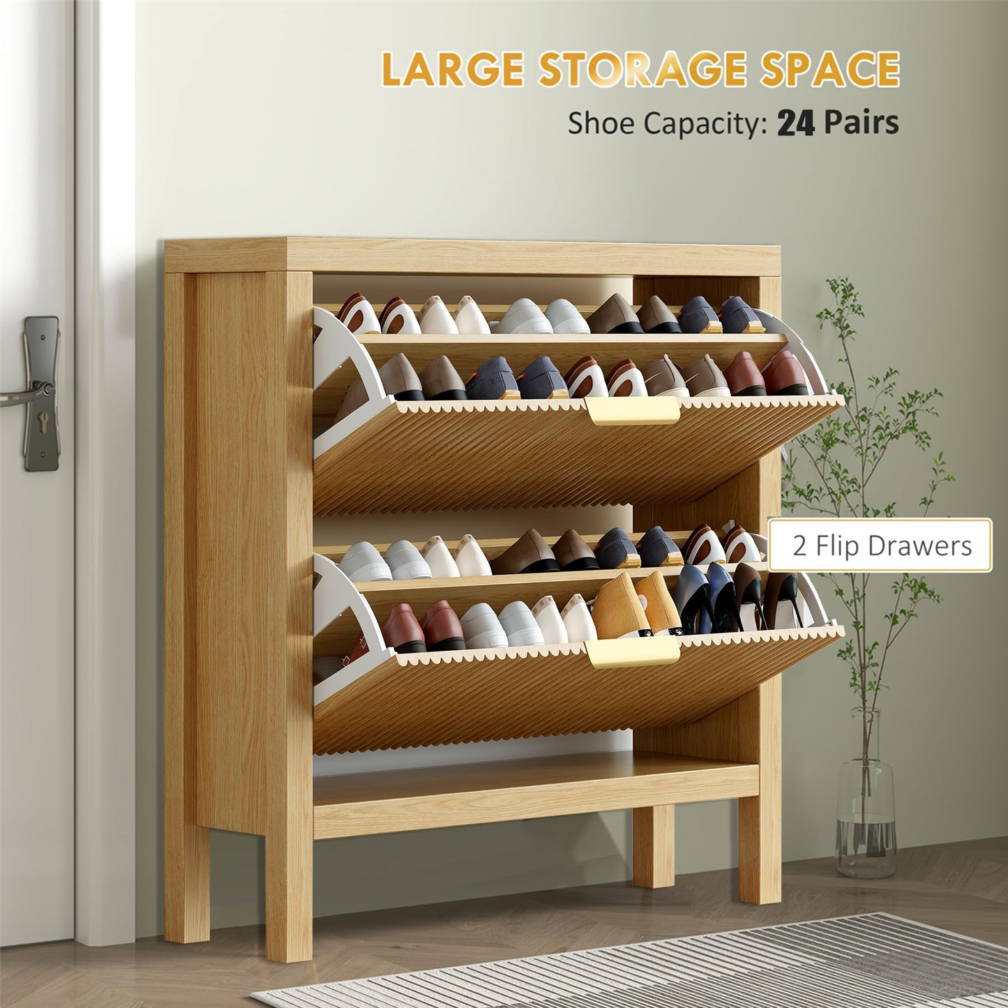Vudanfe Modern 2-Tier Flip Drawer Shoe Cabinet, Freestanding Hidden Slim Narrow Shoe Rack Cabinet, Wooden Large Capacity Shoe Storage Cabinet Shoe Organizer, for Entryway, Hallway, Natural X2