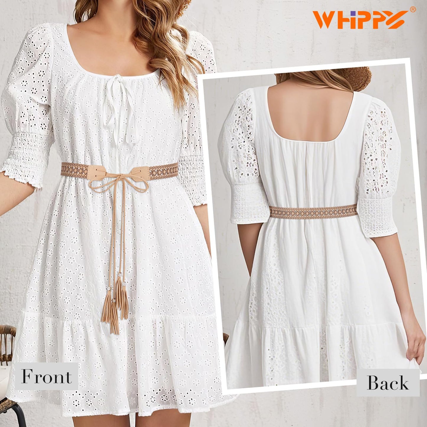 WHIPPY Boho Braid Skinny Belt for Cowgirl Western Ethnic Women Dress Belt Vintage Hand-Woven Waistband with Wax Rope Tassels, Light Beige