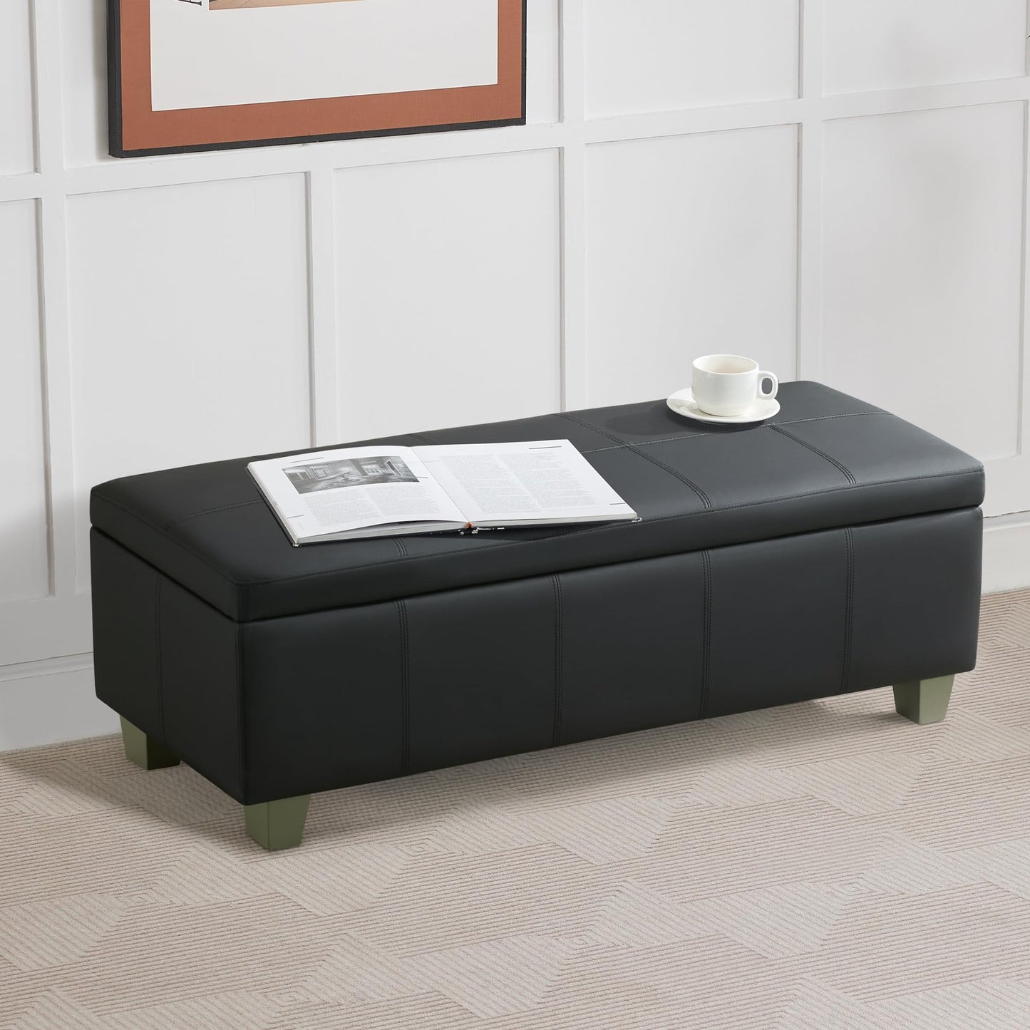 51" Faux Leather Storage Ottoman, Stitch Tufted Rectangle Upholstered End of Bed Storage Bench, Entryway Large Couch Ottoman with Wooden Legs, Dark Black