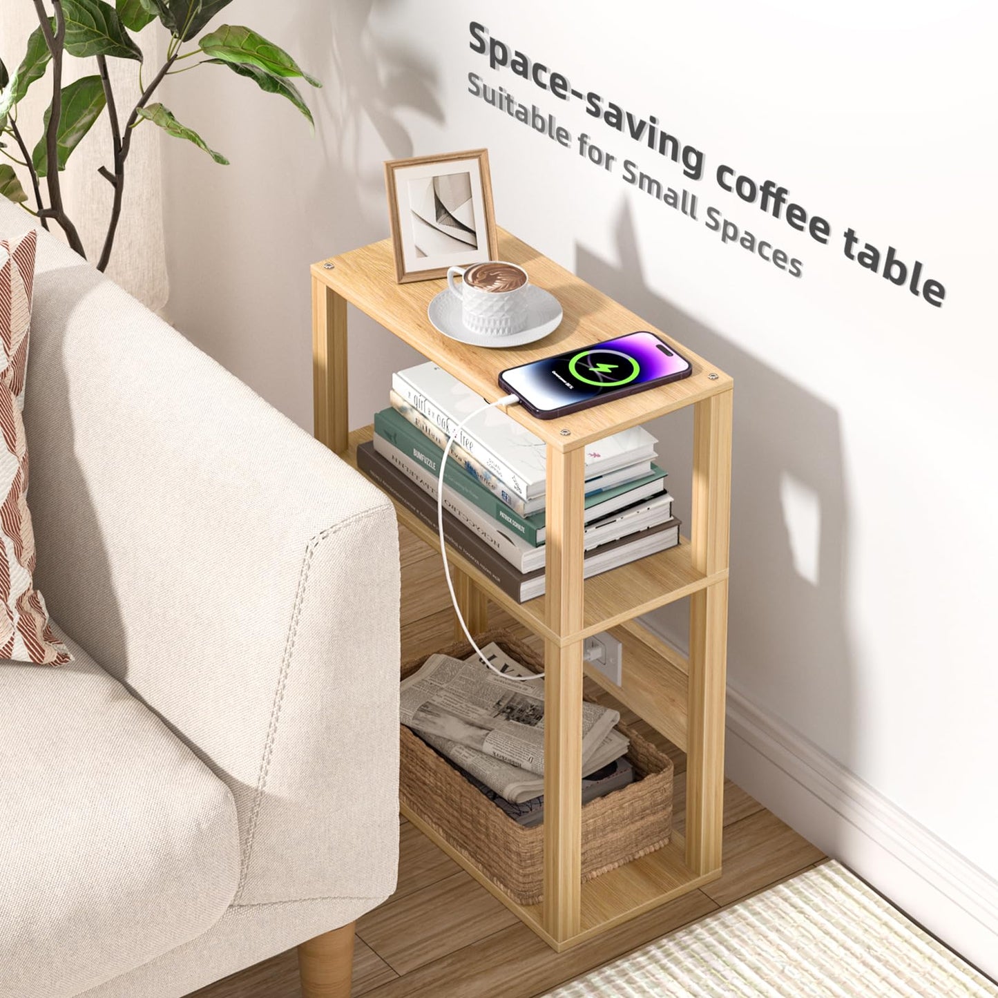 3-Tier Small Narrow Bamboo Side Table with Charging Station, Skinny Nightstand for Small Space, Slim Bedside Table with Storage for Couch, Wooden Thin End Table with USB Ports and Outlets, Natural