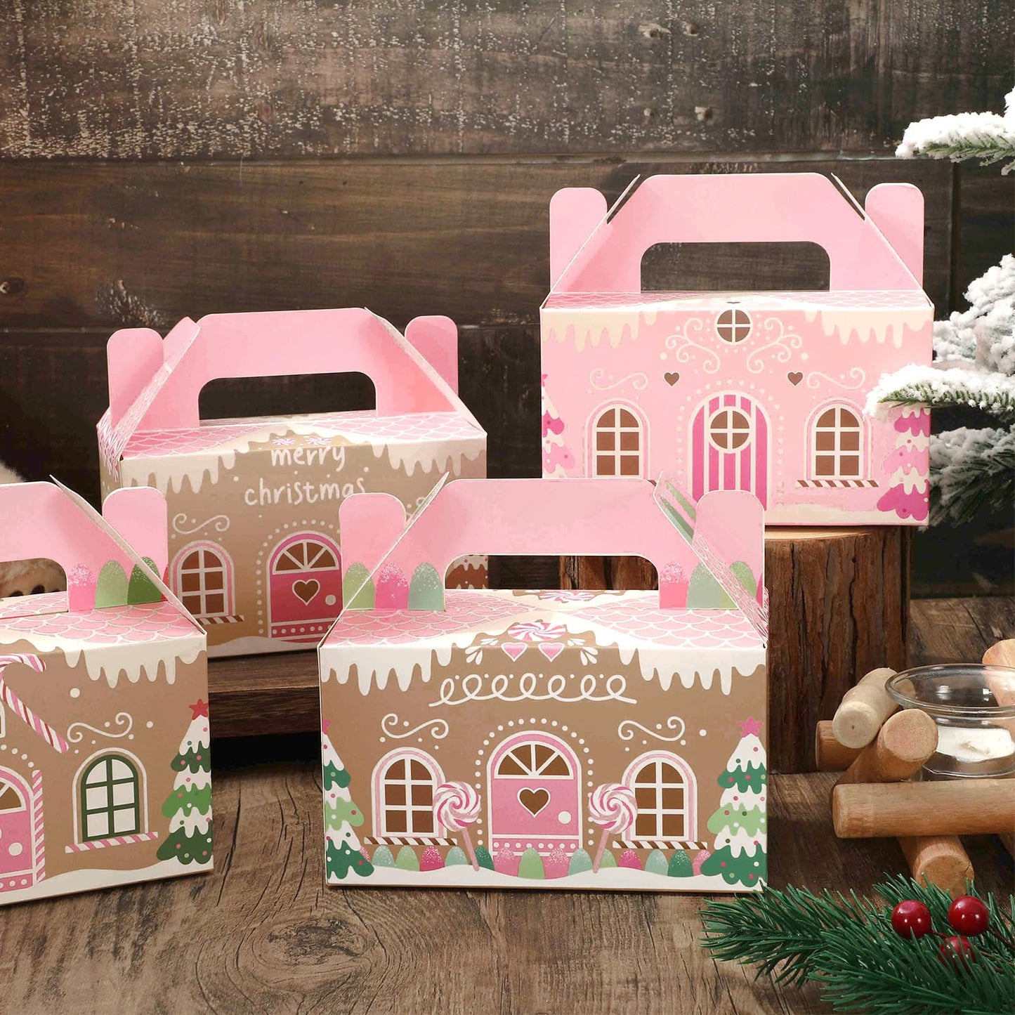 Whaline 24Pcs Christmas Treat Boxes with Handles Pink Gingerbread House Goodie Candy Bags Xmas Gable Paper Gift Containers for Cookie Snack Present Party Favor Supplies, 4 Designs