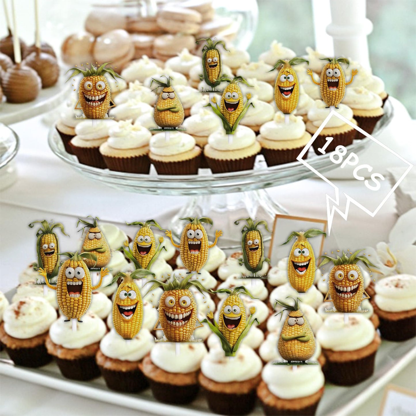18pcs Yellow Glitter Dessert Cupcake Topper Funny Vegetable Corn Theme Decor Supplies Baby Shower Boys Girls Happy Birthday Party Decorations