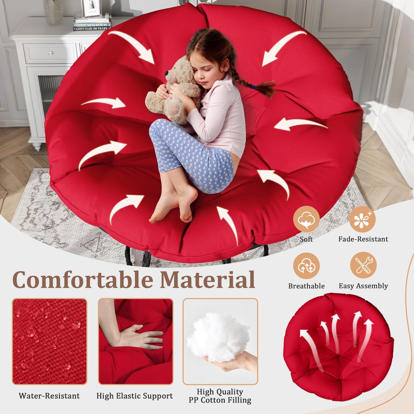 46" Papasan Chair with Cushion and Frame, Ergonomic Wicker Papasan Circle Chair for Living, Bedroom, Reading Room, Lounge
