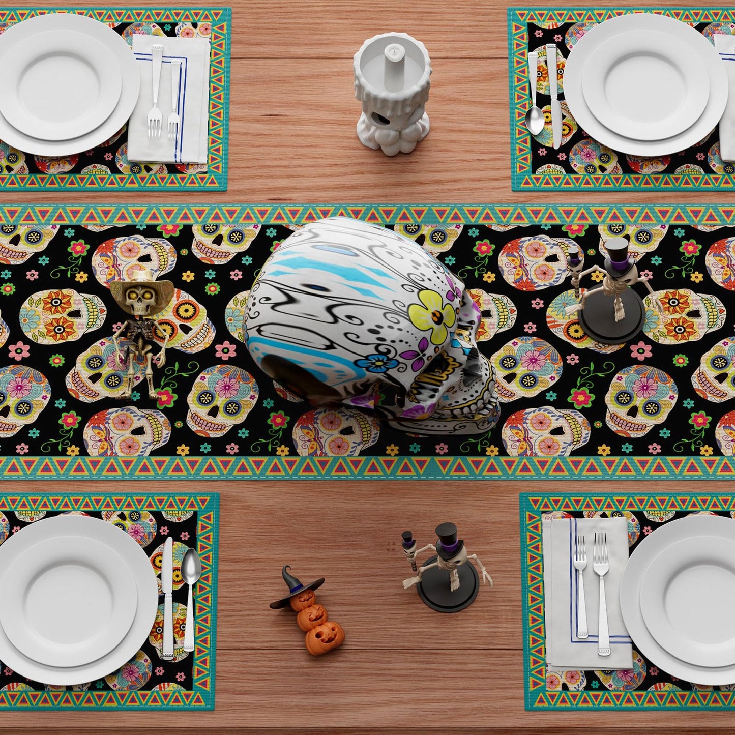 XCHI Sugar Skull Flowers Dia De Los Muertos Table Runner Day of The Dead Mexican Table Decoration for Home Kitchen Dining Holiday Fiesta Themed Party Decor 13x72 Inch
