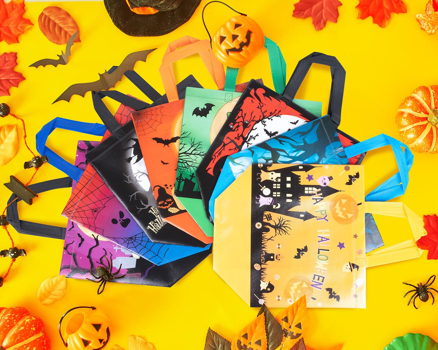 XiaosRen 8Pcs Multifunctional Non-Woven Tote Bags with Handles, Large Reusable Happy Halloween Bags for Gifts, Party Supplies, 12.6x10x6.7